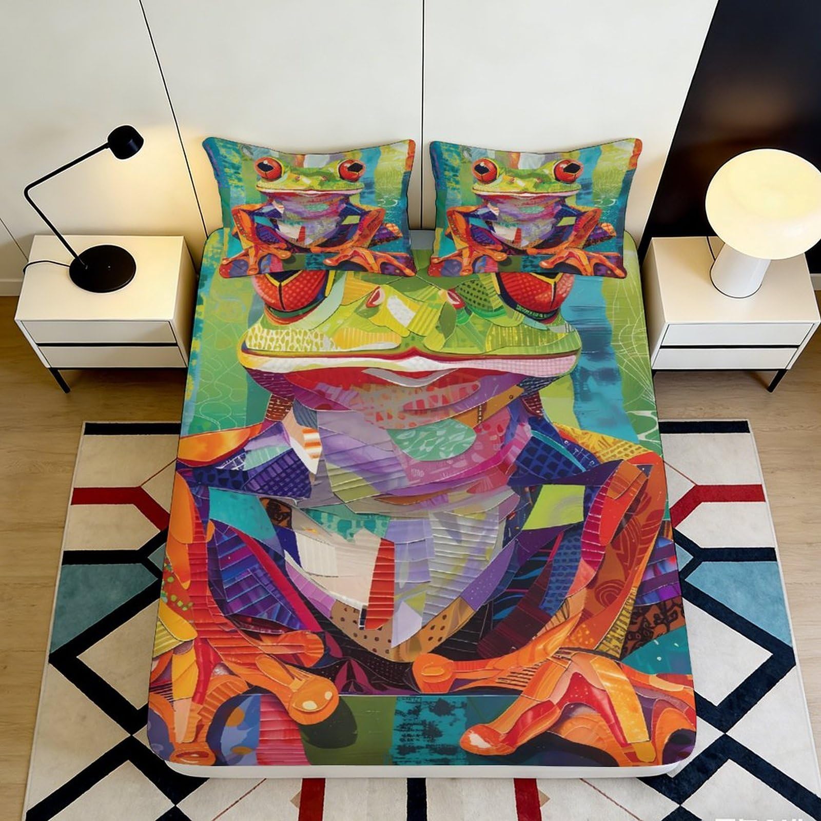 3D Printed Colorful Frog Fitted Sheet Microfiber Artistic Animal Mattress Cover for Bedroom Dorm Decor 90x200x25cm