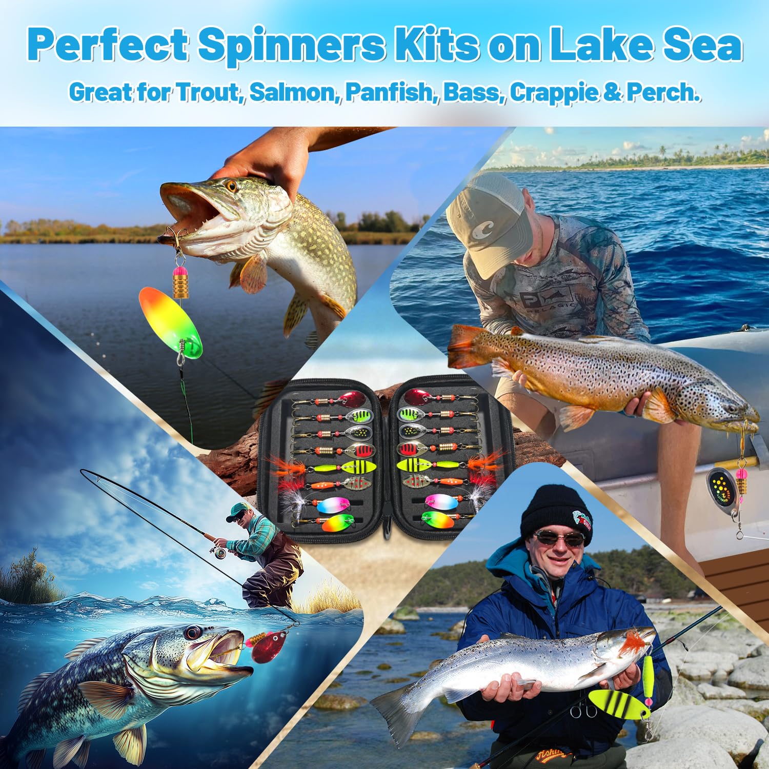 16pcs Fishing Lures Spinner Baits, Trout Bass Salmon Lures Kit with Treble Fishing Hooks & Rooster Tail, Fishing Gears Spinnerbait Spoons Baits for Freshwater Saltwater Trout, Gift for Men