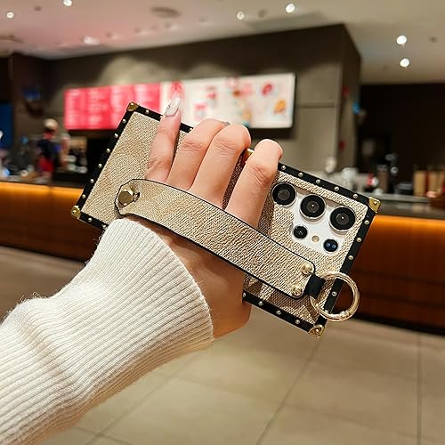 Miniatura 5 de Funda cuadrada de piel de lujo diseñada para Samsung Galaxy S23, ultra linda, con correa para pulsera, protección anticaídas, compatible con Samsung