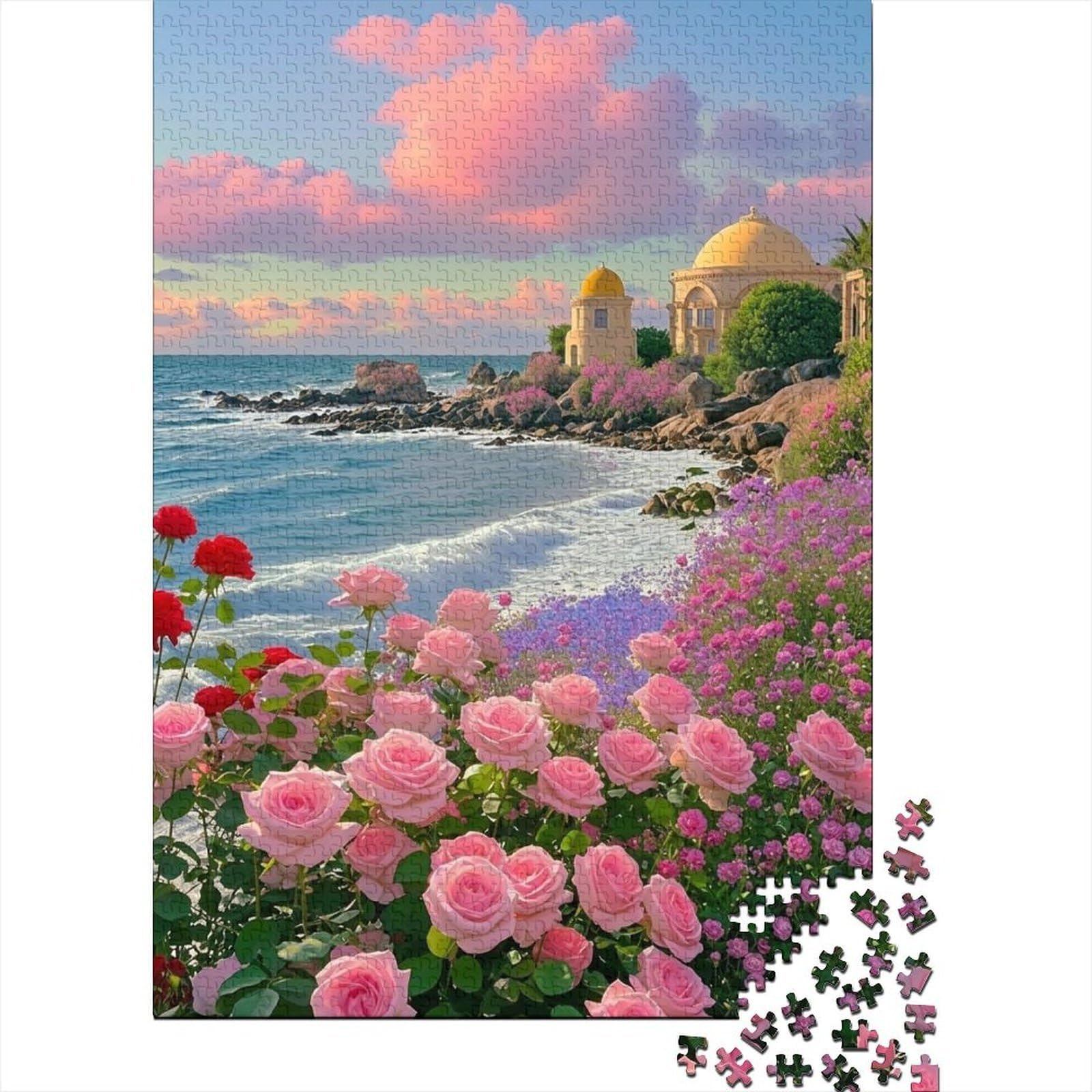 Seaside Garden 1000 Piece Jigsaw Puzzle Cardboard for Adults Realistic Style Colorful Landscape Wall Art Decor Stress Relief