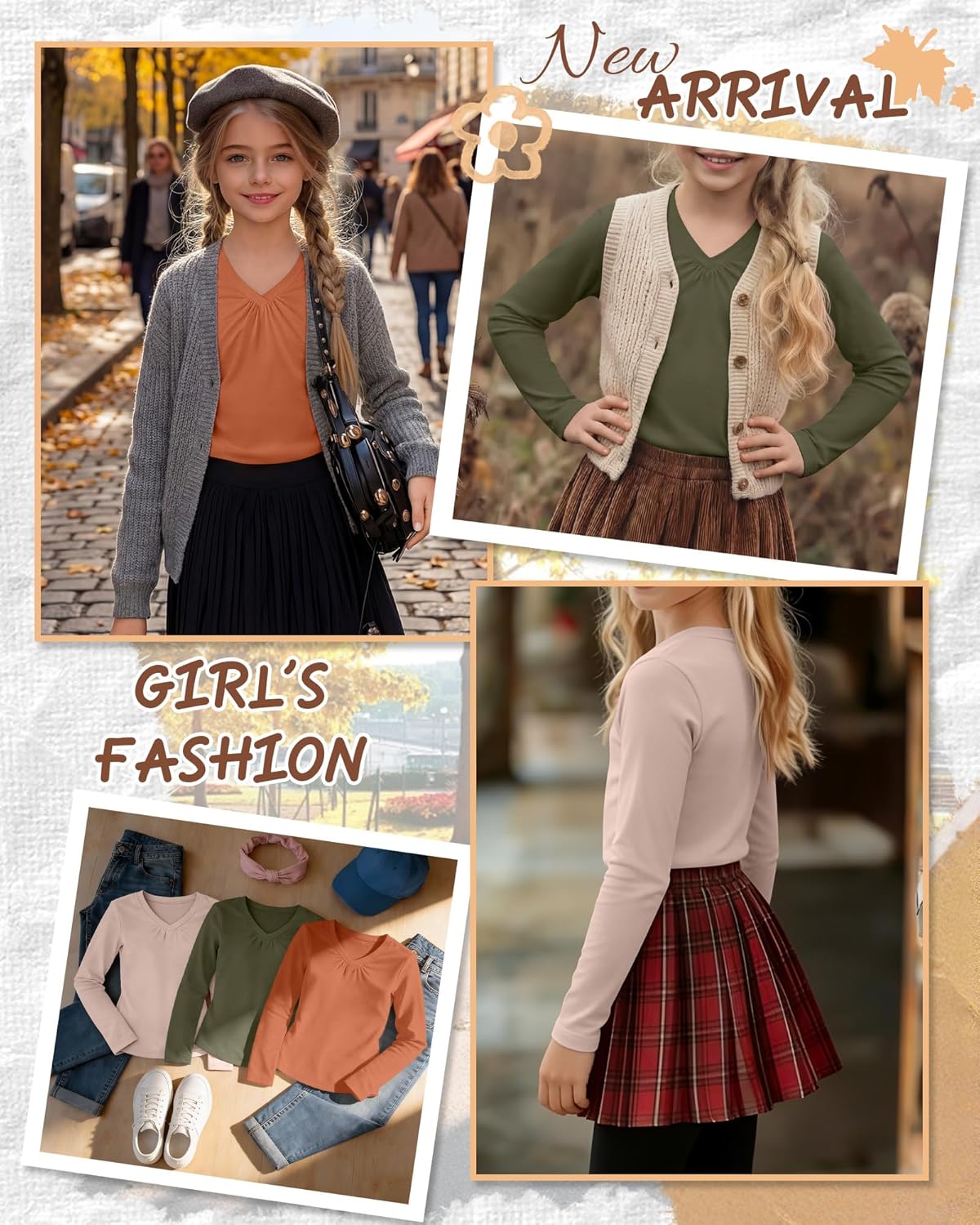 3 Pack Girl's Long Sleeve Shirts, V Neck Casual Chest Ruched Kids Youth Layering Basic Tee 5-14Y - Image 5