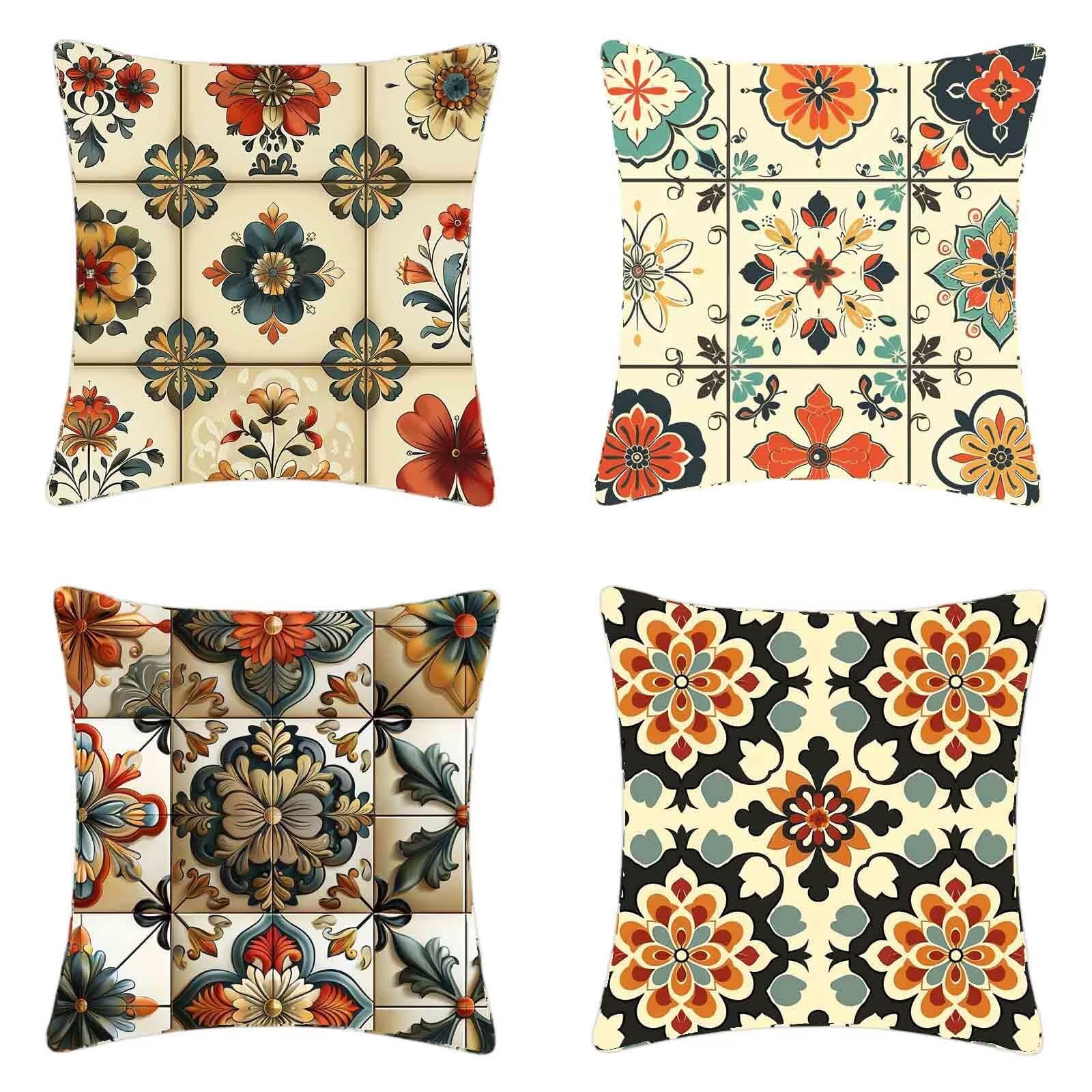 Housse de coussin blanc 40x40 lot de 4 à motif fleur avec fermeture éclair