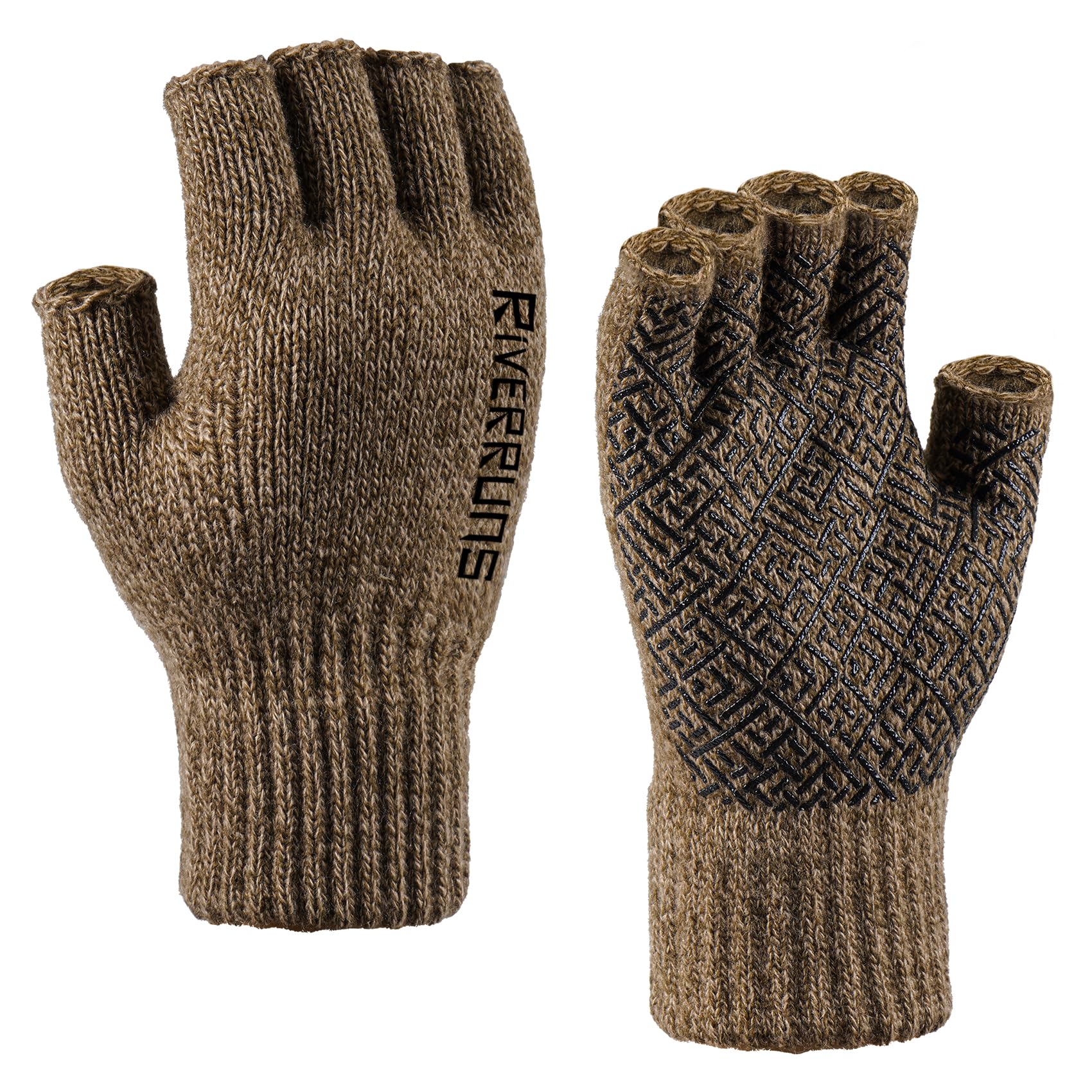 Riverruns Wool Fishing Fingerless Gloves for Men Women, Anti-Slip Thermal & Soft Winter Knitted Ice Fishing Fingerless Gloves