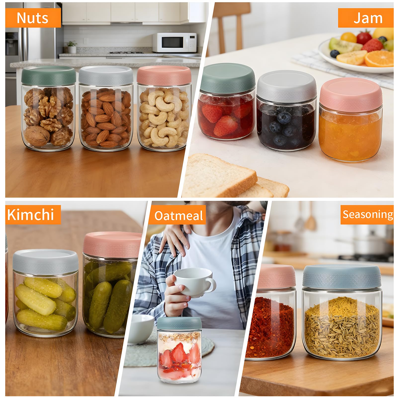 Set di 6 barattoli per overnight oats (300ml+500ml), Barattoli Vetro Ermetici con Coperchio, Vasetti Yogurt per Conservare l'avena, Yogurt, Cereali, Marmellate, Budino, Alimenti Bambini