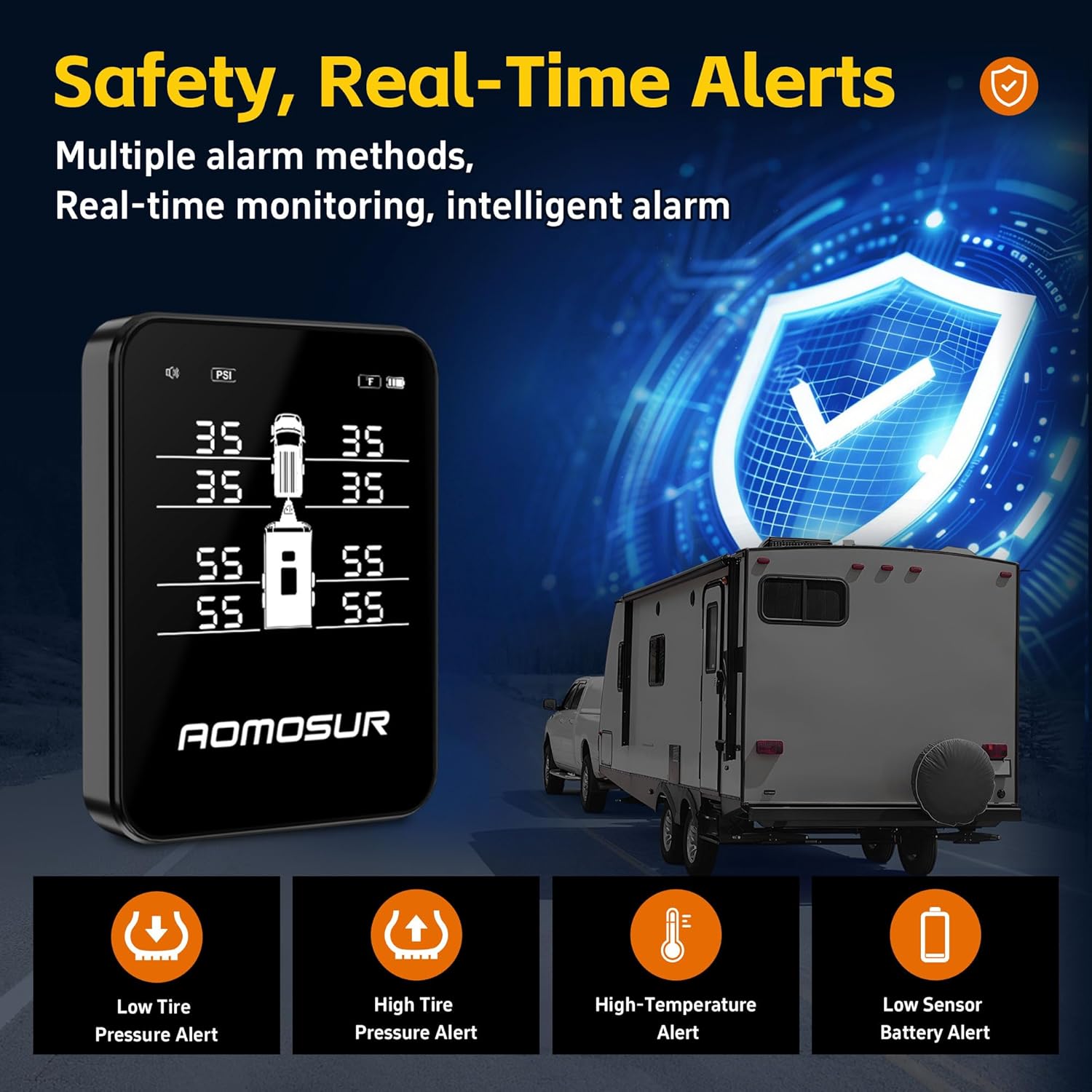 Wireless Tire Pressure Monitoring System for RV Travel Trailer Camper TPMS Gauge – 0-108 PSI Range, Color Display, Smart Sensors, and Automatic Alerts, Sensors Set of 4