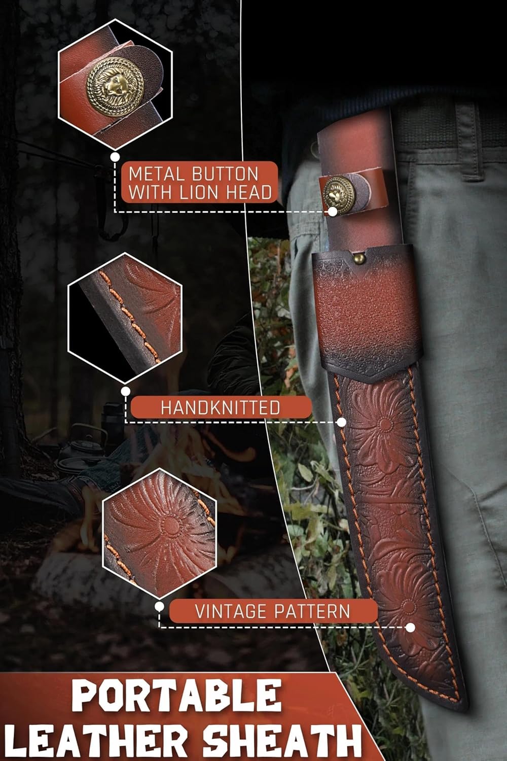 TAN REN 8.3 Inch Tanto Knife Fixed Blade with Sheath, Survival Hunting Knife with Wooden Handle for Camping, Bushcraft, Outdoor Knives for Men, Christmas Gifts for Men - Image 4