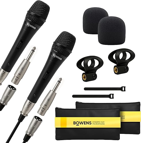 Bowens Paquete de 2 micrófonos dinámicos micrófonos XLR de mano con cable con cables de 15 pies, micrófonos vocales profesionales para cantar,