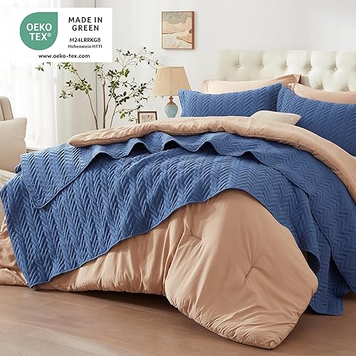 Miniatura 2 de GRT Juego de edredón azul marino tamaño King con fundas de almohada, edredón ligero, reversible, estilo moderno, patrón rectangular, juego de ropa