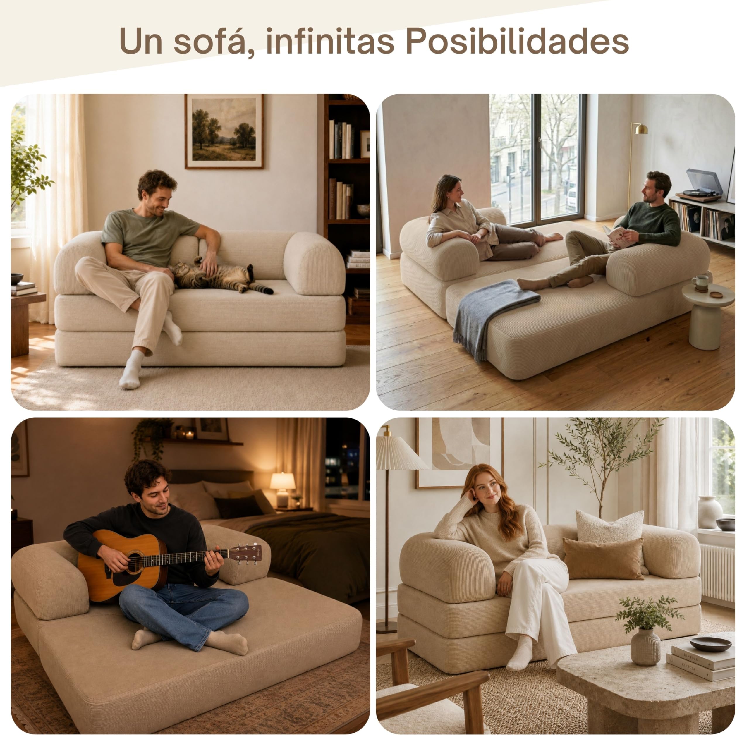 bananair - Sofá Cama de 2 Plazas Fabricado en Francia - Sofá Modular de Espuma de Alta Densidad y Tejido de Pana - Diseño Innovador Boneless, Enviado Comprimido (Beige)