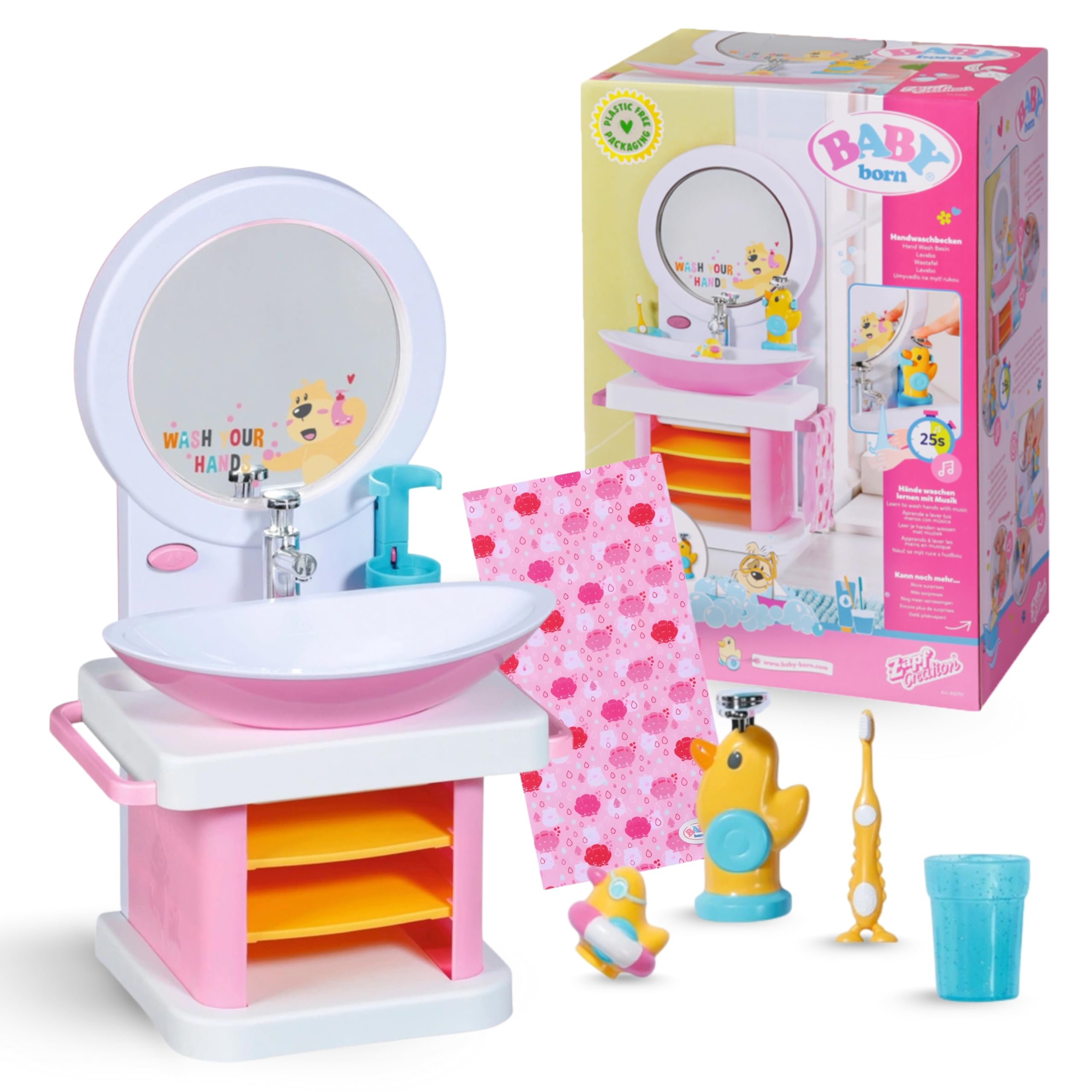 BABY Born Waschtisch - Interaktiver Puppenwaschtisch mit Licht- & Soundfunktion - Hochwertiges Puppenzubehör - Inkl. Zahnbürste, Zahnputzbecher, Seifenspender & Handtuch