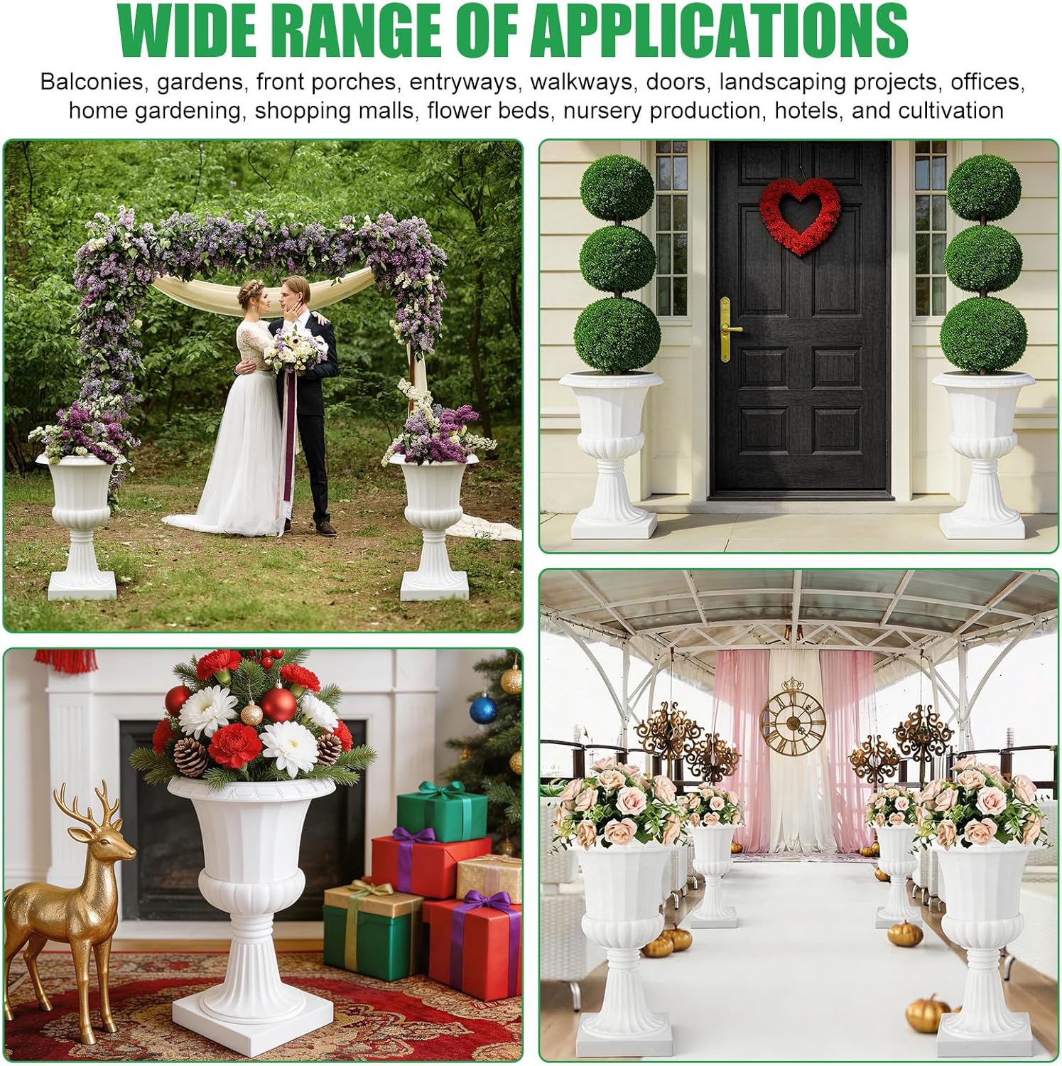 2-Pack Plastic Urn Planter 19.7" Round Classic Flower Pot,Front Porch Planters with Drainage Holes & Pedestal for Garden, Patio, Front Porch, Entryway, Walkway, Wedding, Indoor Outdoor (White)