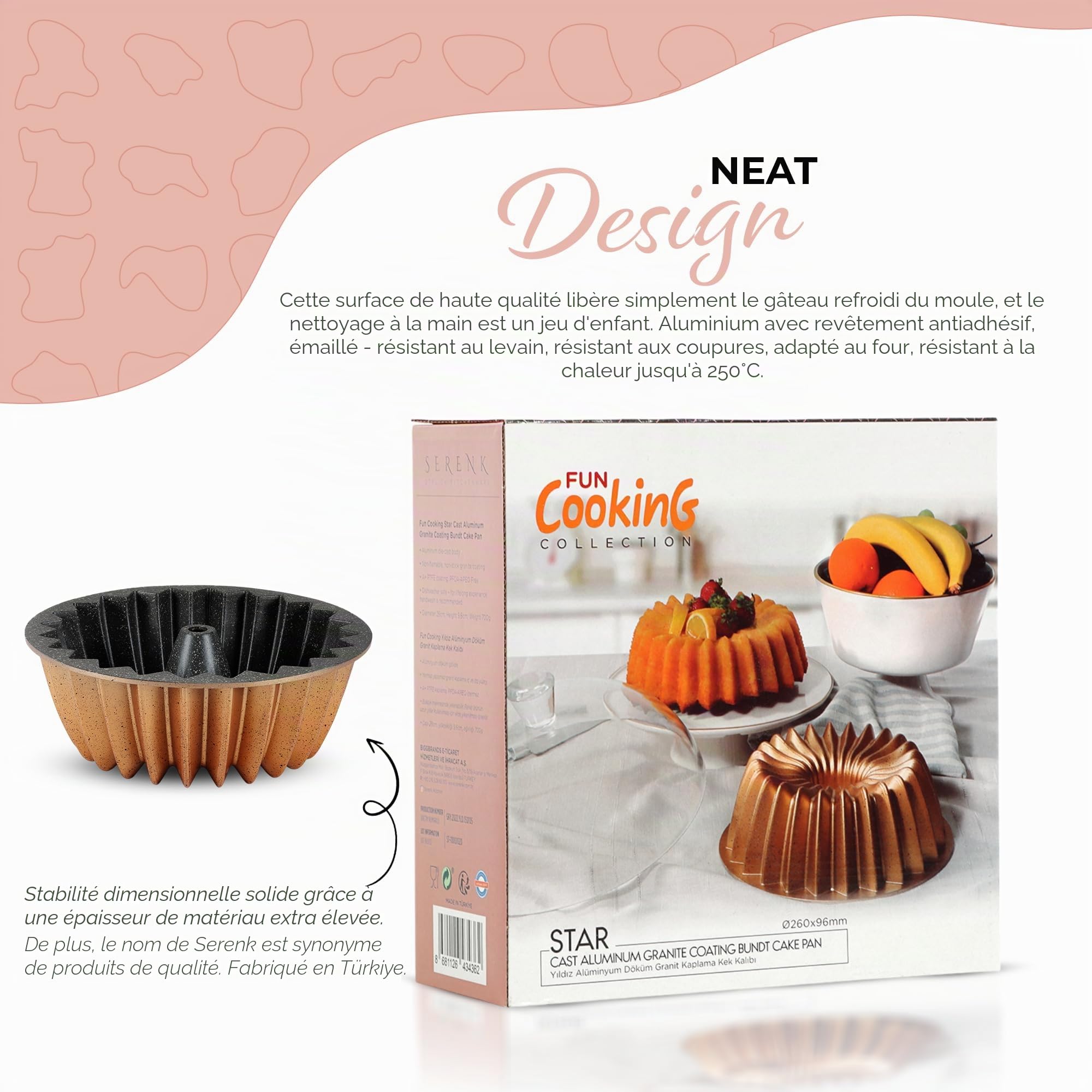serenk Cuisine Amusante “Star Bundt” ” Moule à Gateau Rond/Moule a Cake/Revetement en Granit/Anti adhesif/Cuisson Homogene / 26 cm/Doré