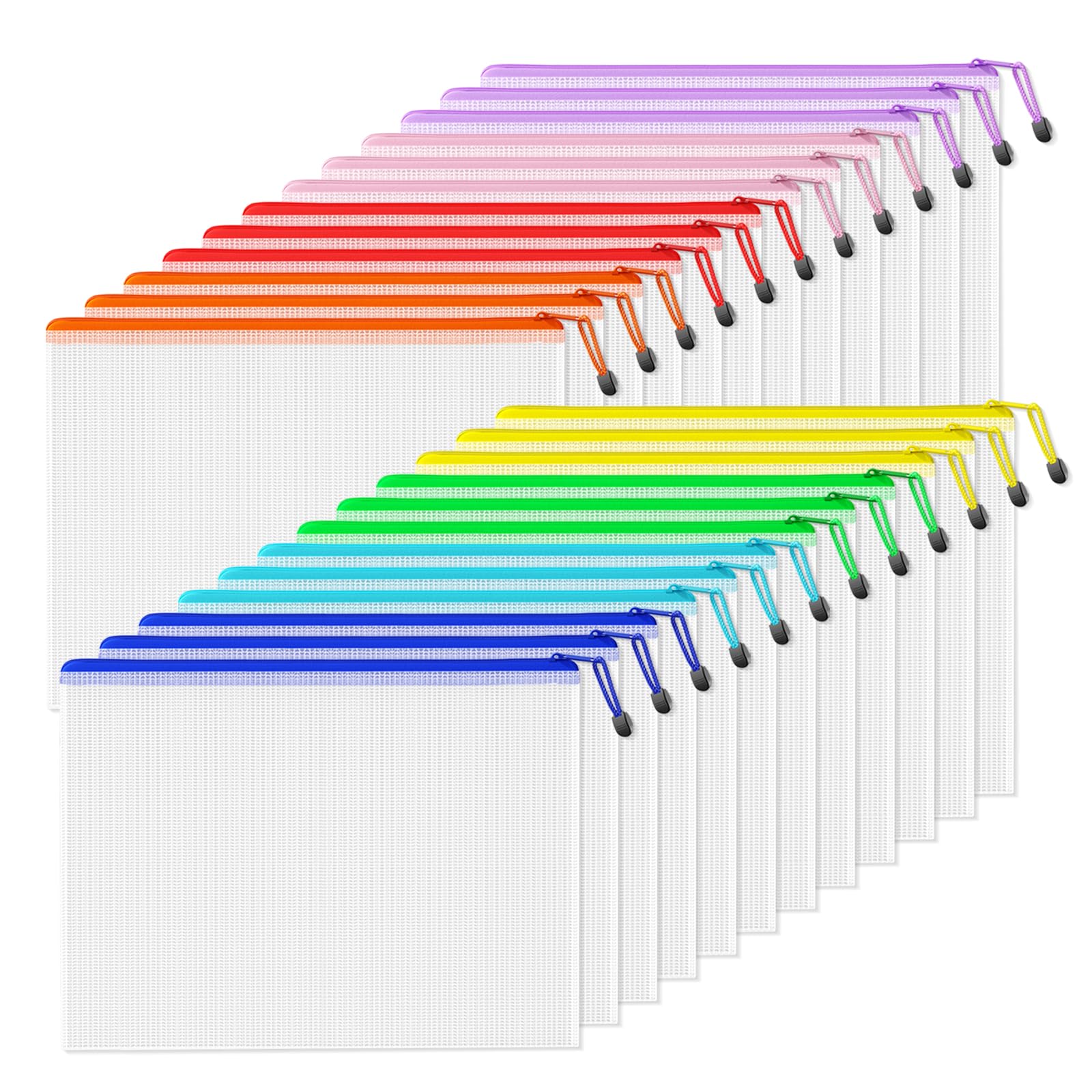 SUNEE Plastic Wallets A3L, 24 Pack Mesh Zip Lock Document Wallets & File Bags, Waterproof Plastic Folders A3L for School, Office, Home and Travel Storage - 8 Colours โ image 1