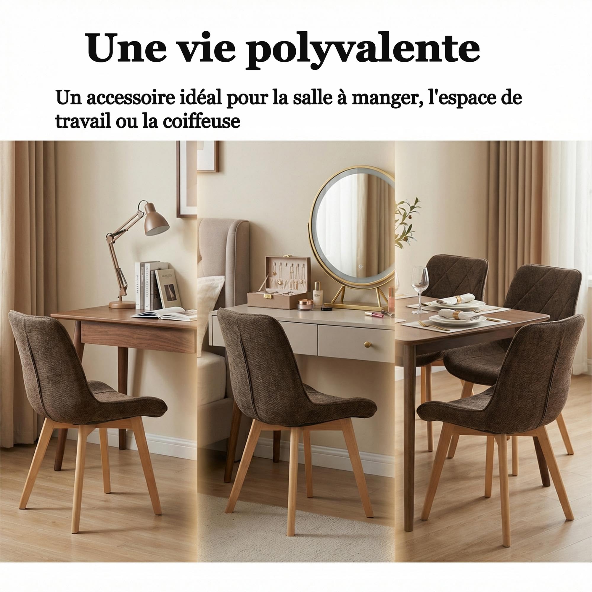 Juego de 4 sillas de Comedor tapizadas de Lino con Patas de Madera Maciza, sillas de Cocina para Sala de Estar, Oficina, recepción, Dormitorio, Color marrón