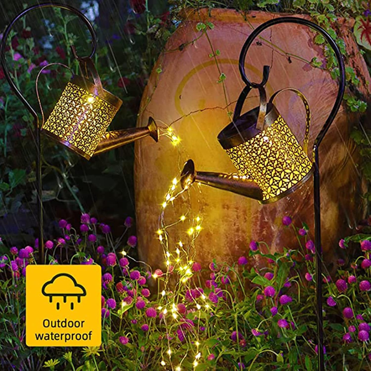 Neioaas Solar Watering Can Lights, Solar Lantern String Light with Bracket | Outdoor Garden Waterproof Hollowed-Out Retro Metal Water Can Lights, for Garden Patio Yard Pathway Lantern Plant Decoration