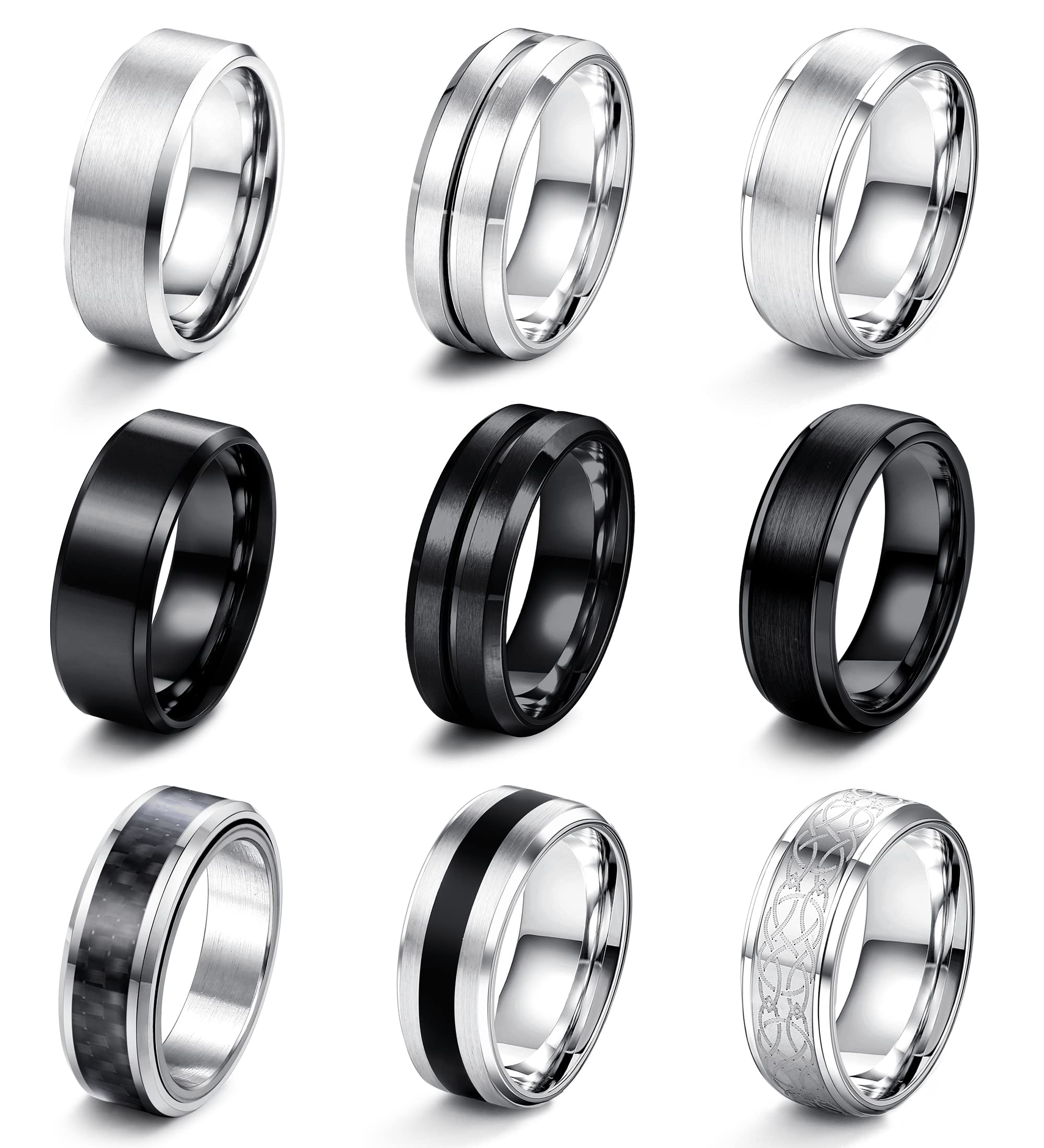 LOLIAS 9 Piezas Anillos Hombre Acero Inoxidable Plata Negro Acabado Mate Anillo Banda Pulido Abrebotellas Anillos Alianzas Boda Anillo Compromiso Vintage Fidget Anillo para Hombre Mujere