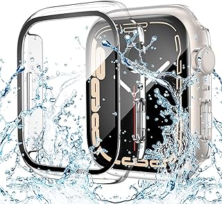 Goton Capa à prova d'água para Apple Watch de 41 mm Série 9 8 7 com película protetora de tela de vidro temperado, capa protetora total de policarbonato rígido para iWatch projetada para homens e mulheres 41 mm transparente