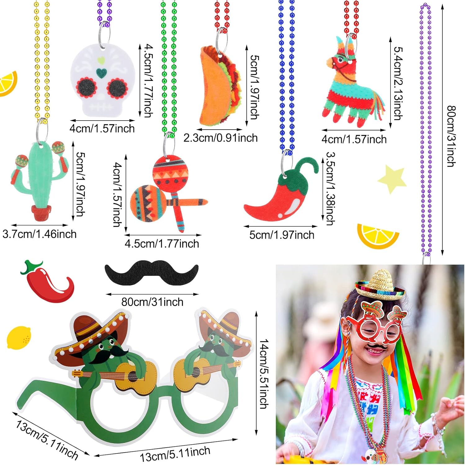 Bucherry 54 Pieces Cinco De Mayo Sombrero Hats Mexican Beaded Necklace Paper Eyewear Fiesta Party Supplies Bulk for Mexican Day Decorations