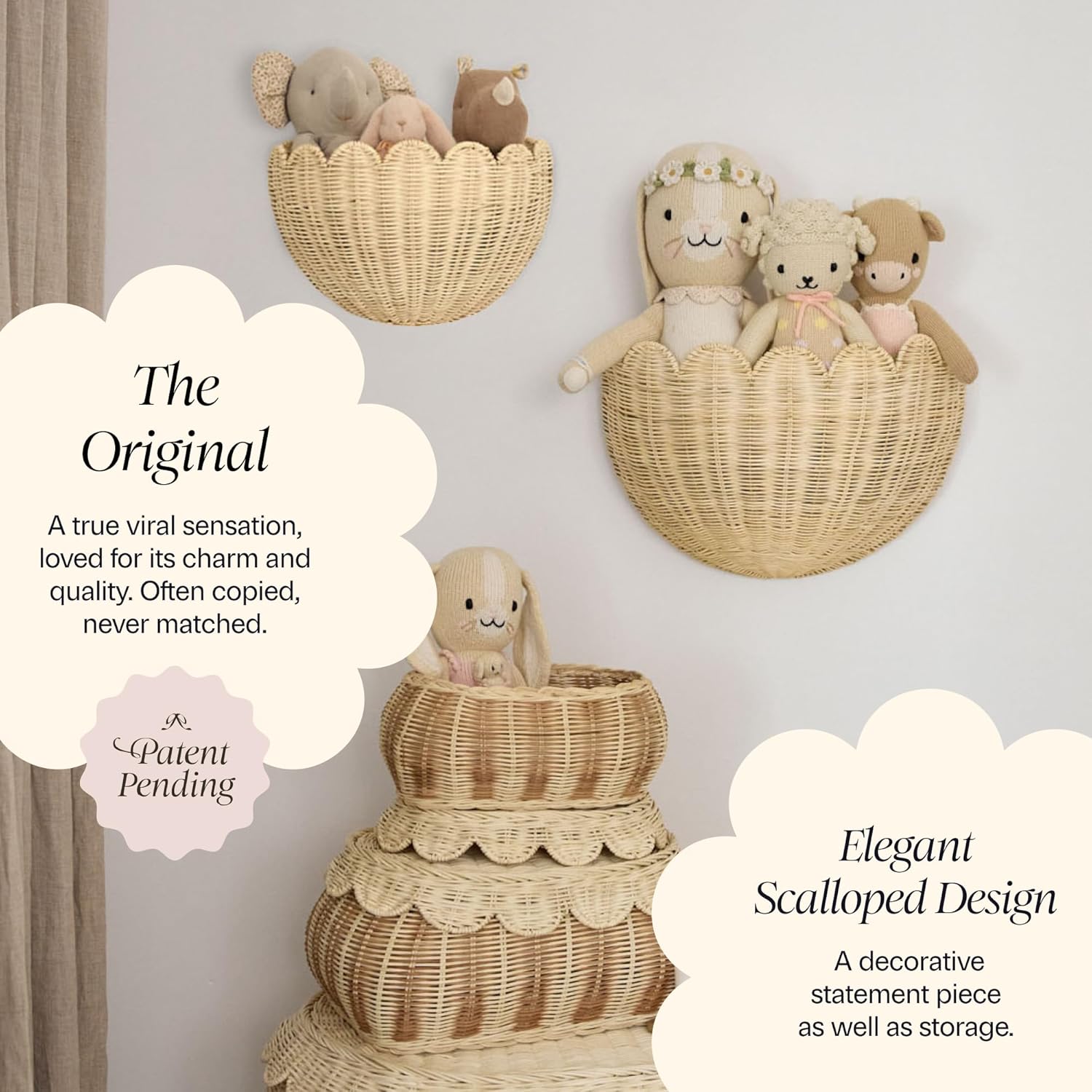 BEBE BASK The Original Scalloped Wicker Wall Basket – Set of 2 – Handwoven Scalloped Wall Baskets (16 x 10 x 7 in), Woven Rattan Wall Hanging Baskets - Natural Scalloped Basket