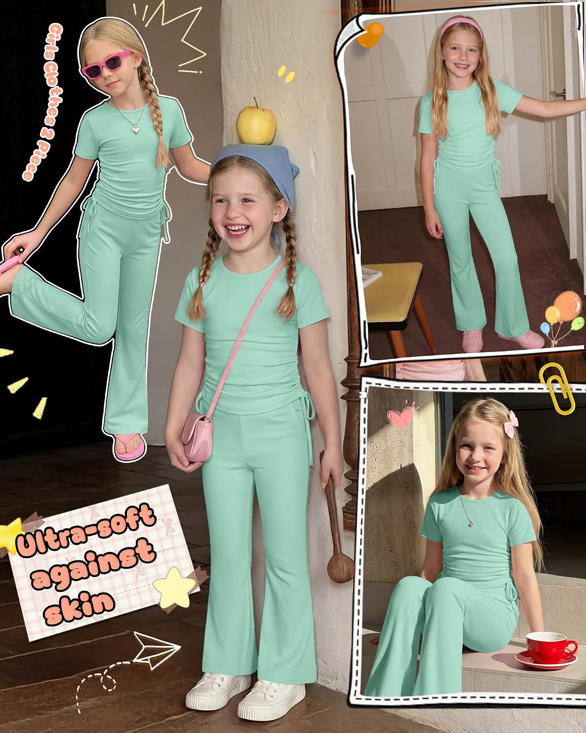 Girls' 2 Piece Outfits Short Sleeve Ruched Slim Fit Tops and Flared Pants Clothes Sets for Tween Age 5-14 Years