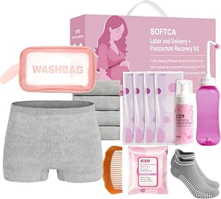 Postpartum Recovery Essentials Kit - Birth Comb,Peri Bottle,Disposable Postpartum Underwear,Perineal Healing Foam,Instant Ice Pads,Cooling Pad Liners,Socks,Canvas Bag,Postpartum Kit Gift Set