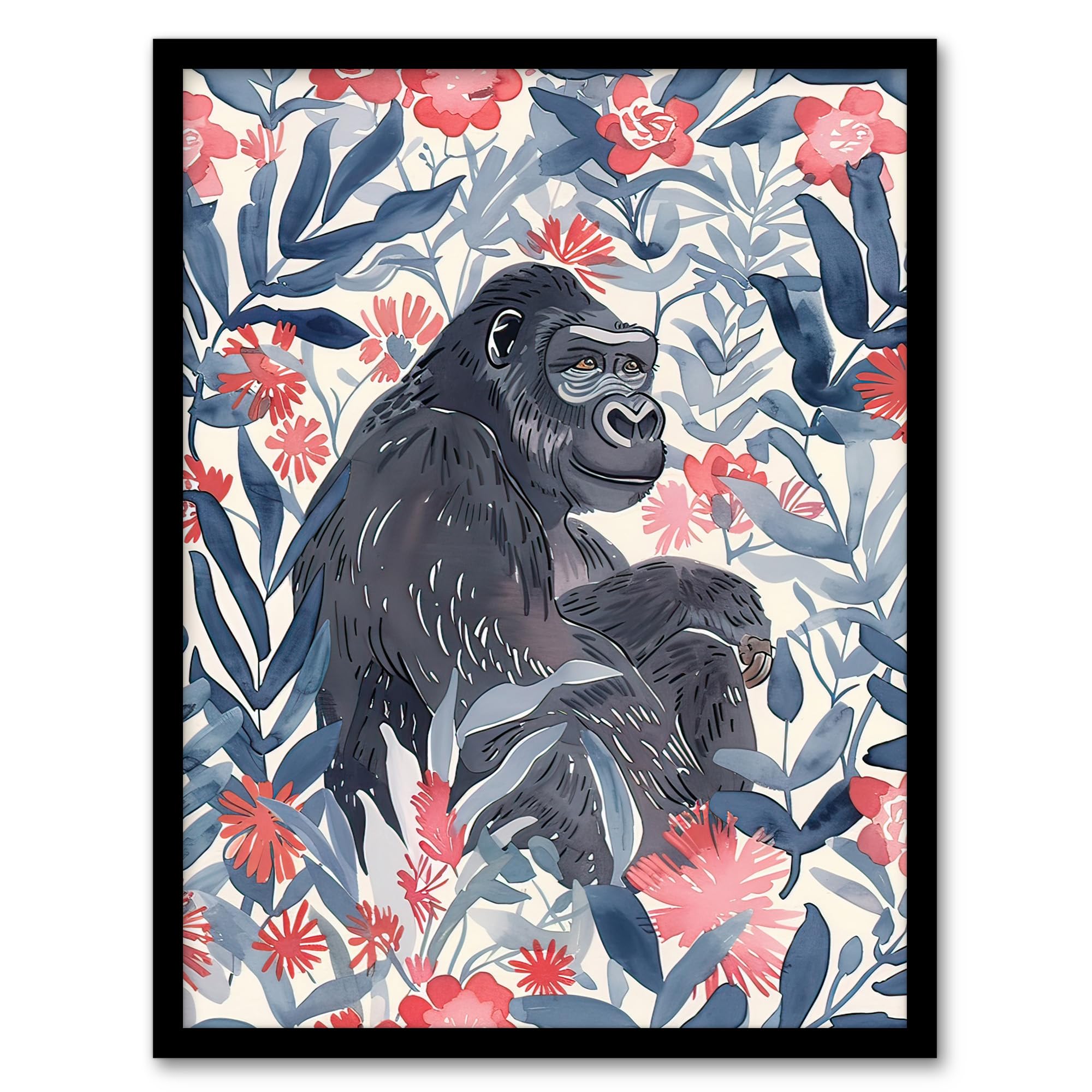 Artery8 Gorilla Ape and Pink Tropical Flowers Watercolour Living Room Artwork Framed Wall Art Print A4