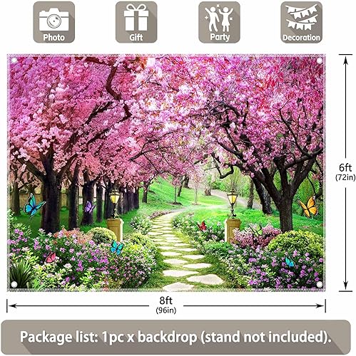 Miniatura 3 de YCUCUEI Telón de fondo de fotografía de paisaje de primavera de 8 x 6 pies, flores de jardín, árbol, camino, paisaje, mujeres, niños, decoración de