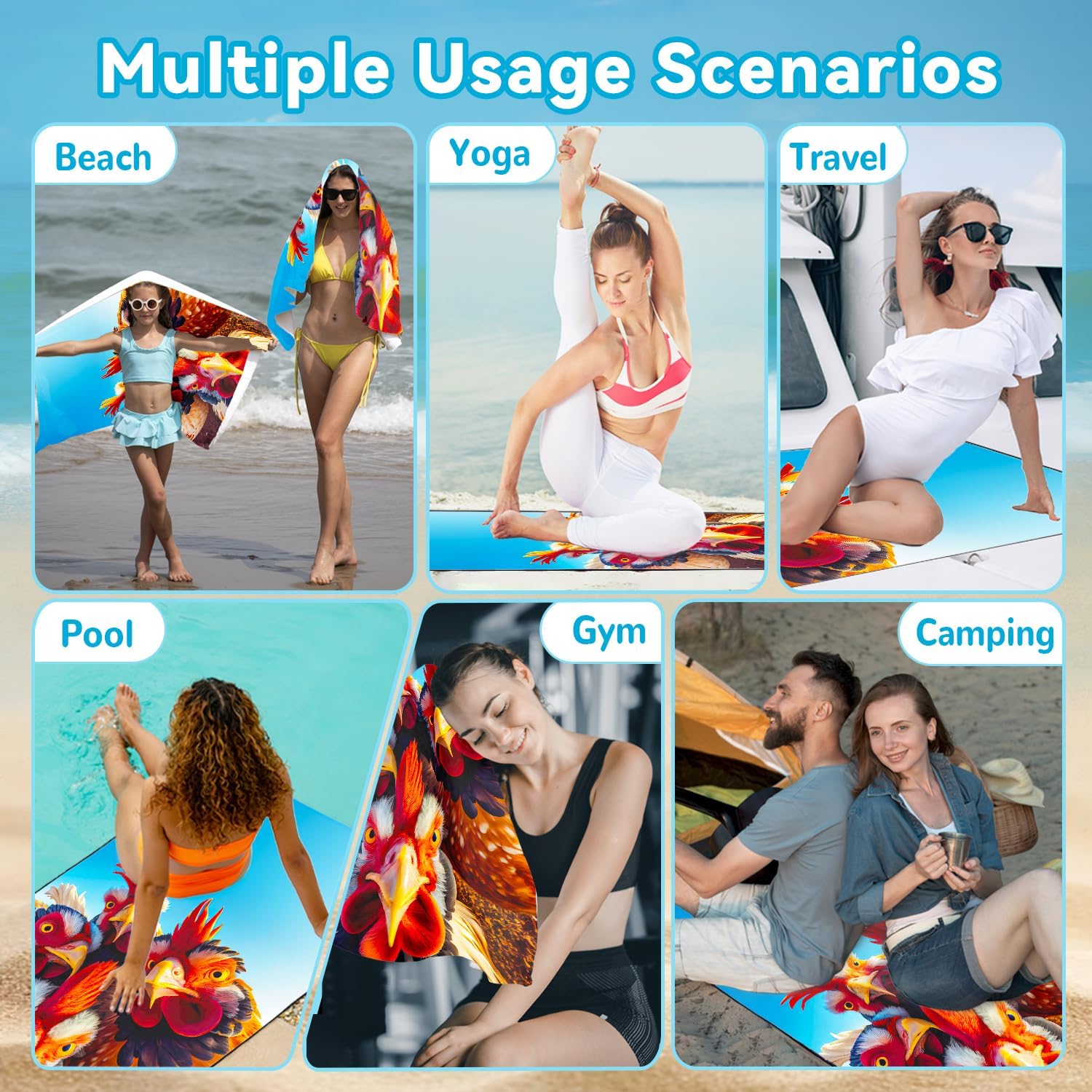 Rooster Beach Towel Oversized 36" x 72", Animals Selfie Funny Chicken Print, Thin Lightweight Sand Free Quick Dry Microfiber Towels for Beach Yoga Camping Travel image 5