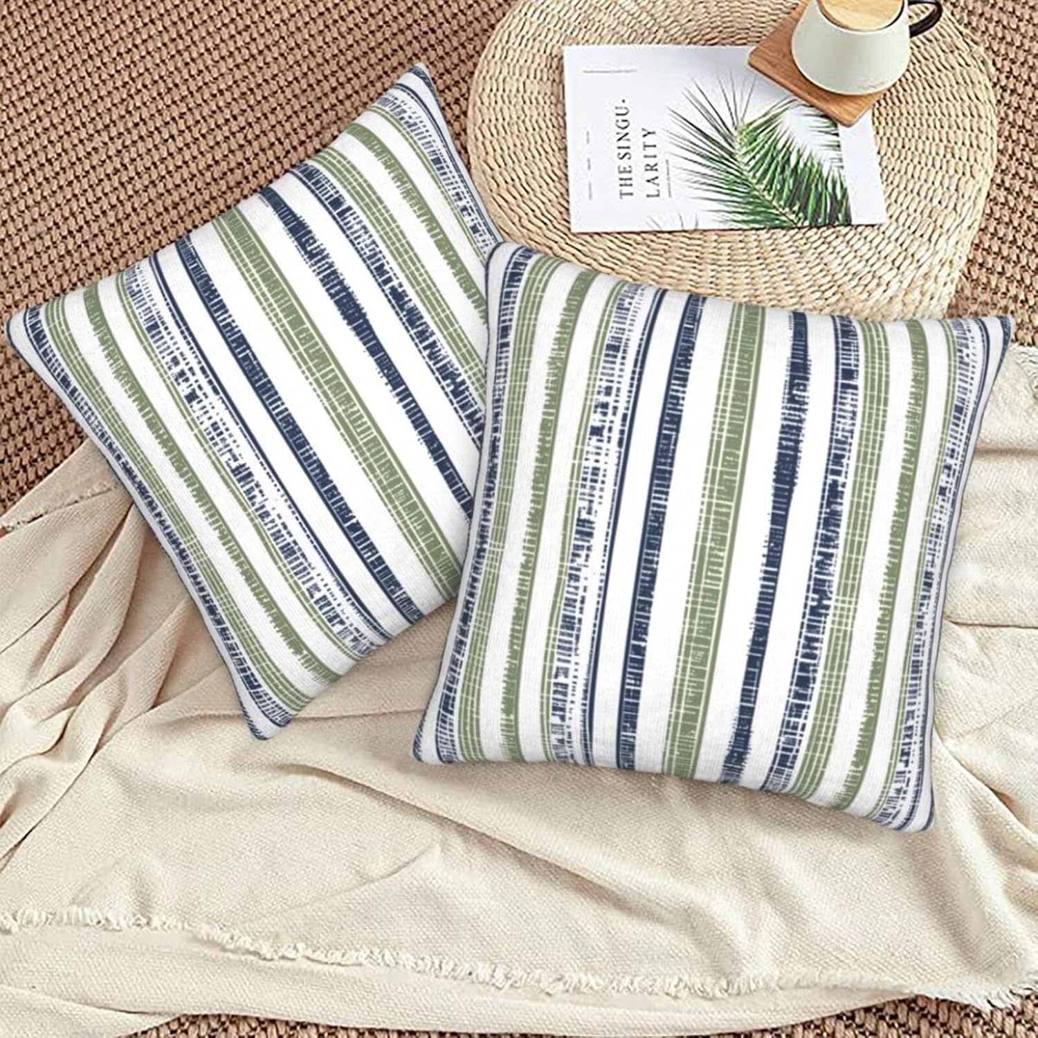 KiuLoam Boho Navy Blue and Sage Green Striped Throw Pillow Covers 20 x 20 Inch Set of 2 Outdoor Decorative Pillow Cases Farmhouse Cushion Cases for Couch Bed Home Decor image 4