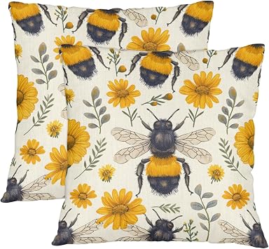 Pack of 2 Bumble Bee Pillow Covers, 14 x 14 Pillow Cases, Soft Pillow Covers for Sofa Living Room Bedrooms, Honeybees Flowers Throw Pillow Cover Sets