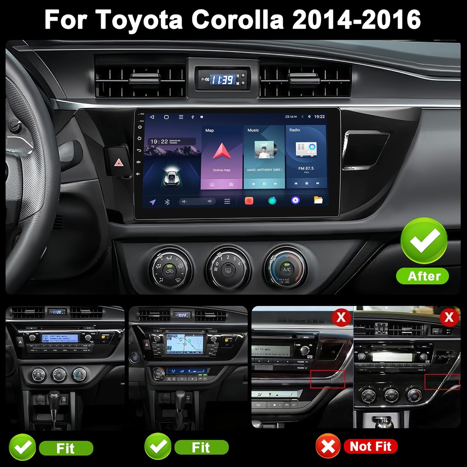 6GB+128GB Head Unit for Toyota Corolla 2014 2015 2016: Android 15 Car Stereo Upgrade Wireless CarPlay & Android Auto with WiFi 6, Bluetooth5.0, GPS, AM/FM, DSP&EQ, SWC, 1080P Backup Camera