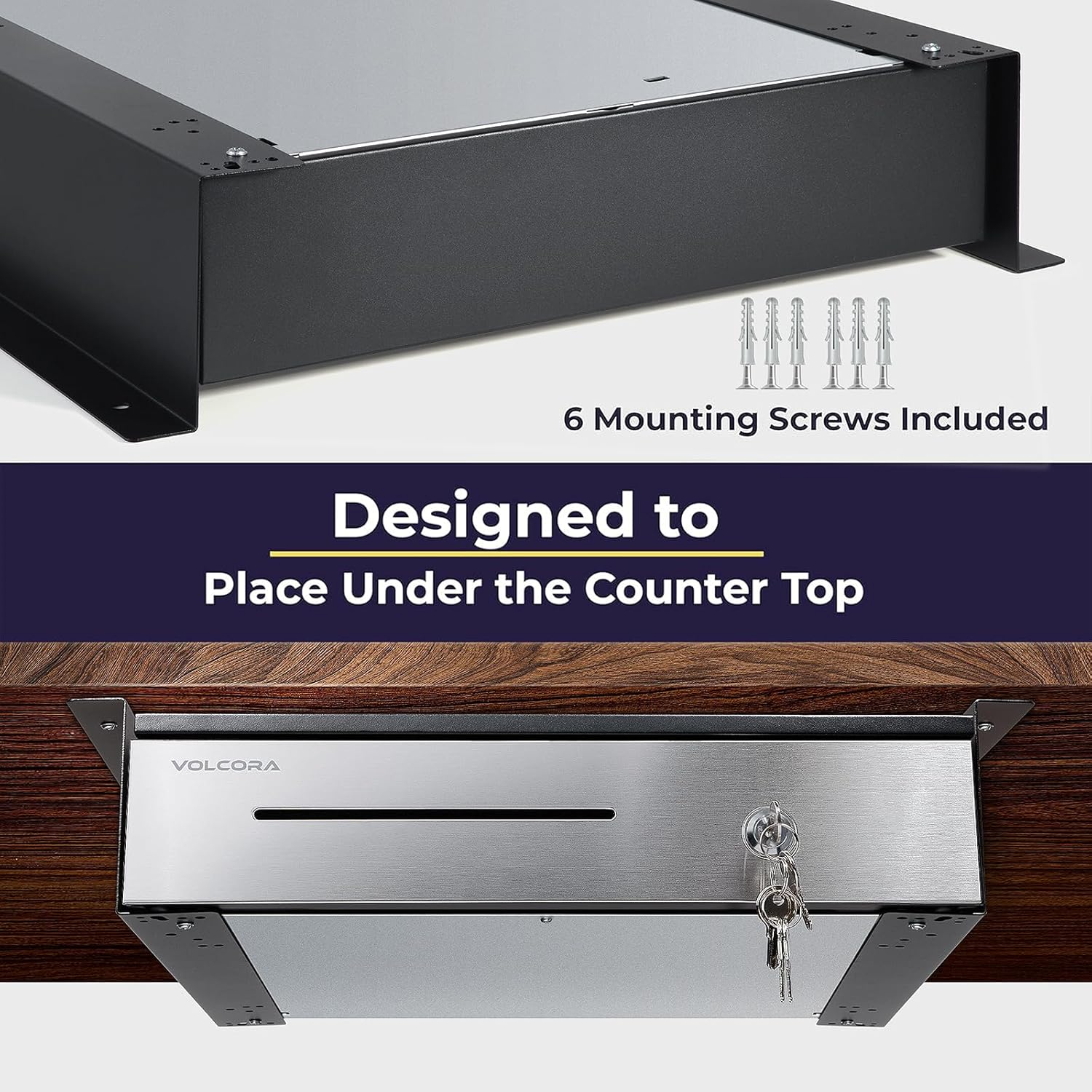 Manual Push Open Cash Register Drawer with Under Counter Mounting Metal Bracket - 16" Black/Stainless Steel Front Cash Drawer for POS, Partial Removable 5 Bill 8 Coin Tray, Key Lock, Media Slots
