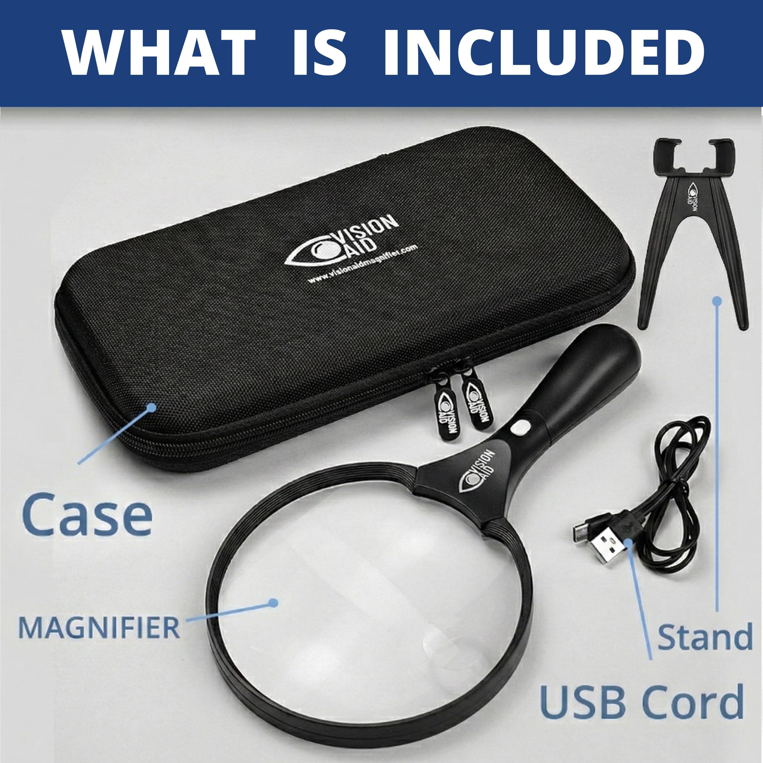 Lupa grande de 5.5 pulgadas con luz LED (recargable por USB), funda rígida, soporte, lupa grande iluminada de mano para joyas, monedas, lectura, personas mayores