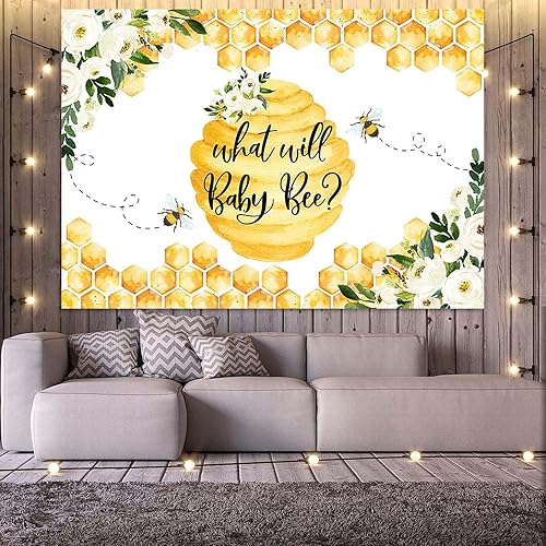 Miniatura 5 de Joliaco Fondo de fotografía de abeja de 7 x 5 pies con texto en inglés What Will Baby Bey para fotografía de abeja, panal, revelación de género,
