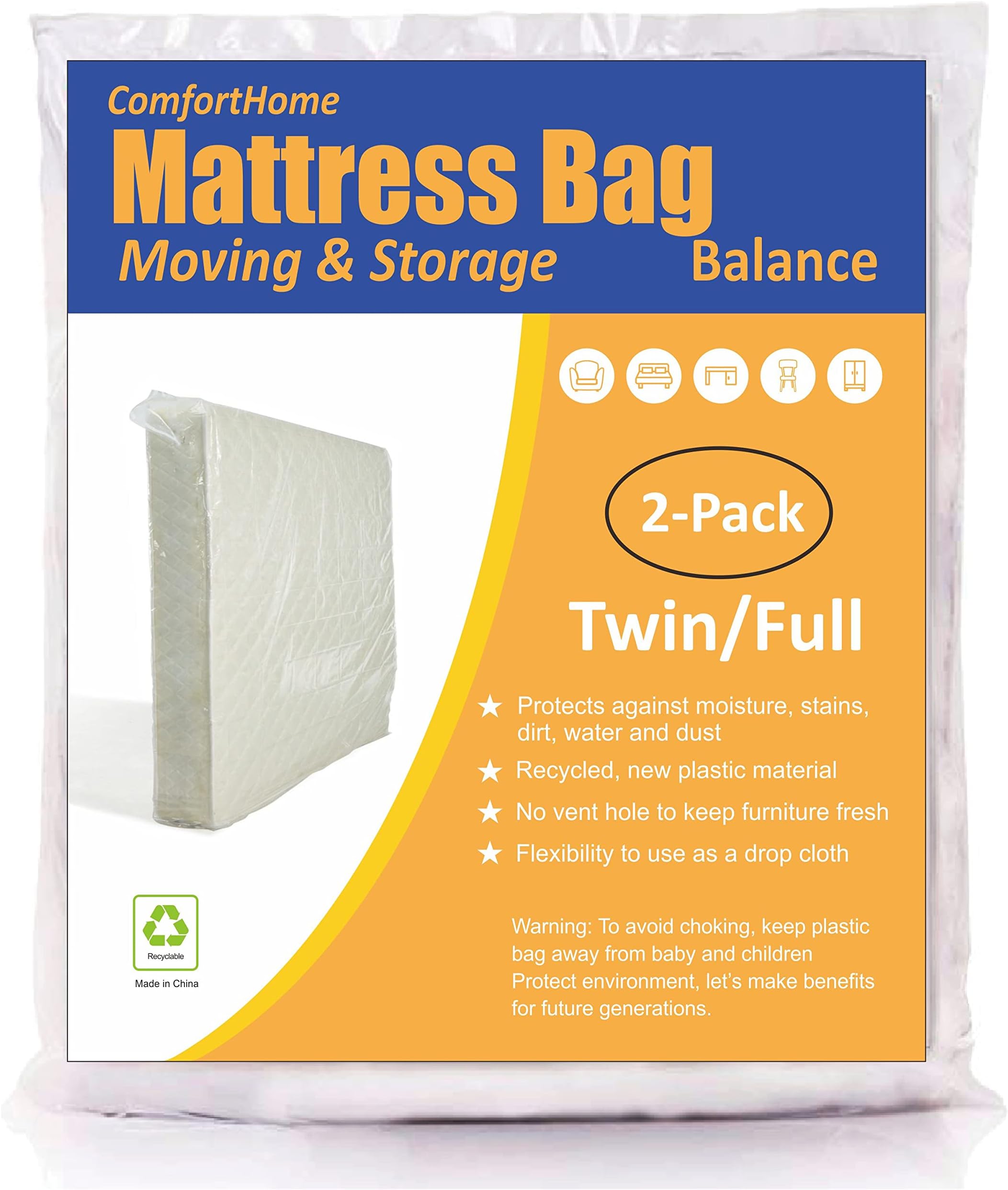 ComfortHome Mattress Bag for Moving and Storage, Medium Weight, Fits Twin/Full Size Mattress, 2 Pack