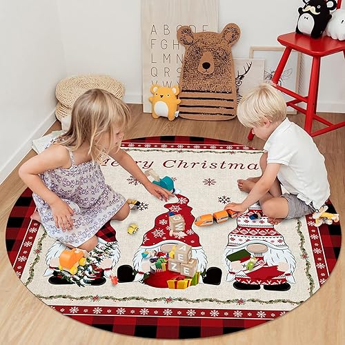 Miniatura 6 de Alfombra redonda de Navidad de 5 pies, gnomo de Navidad y copo de nieve, a cuadros rojos y negros, antideslizante y lavable, bonita alfombra