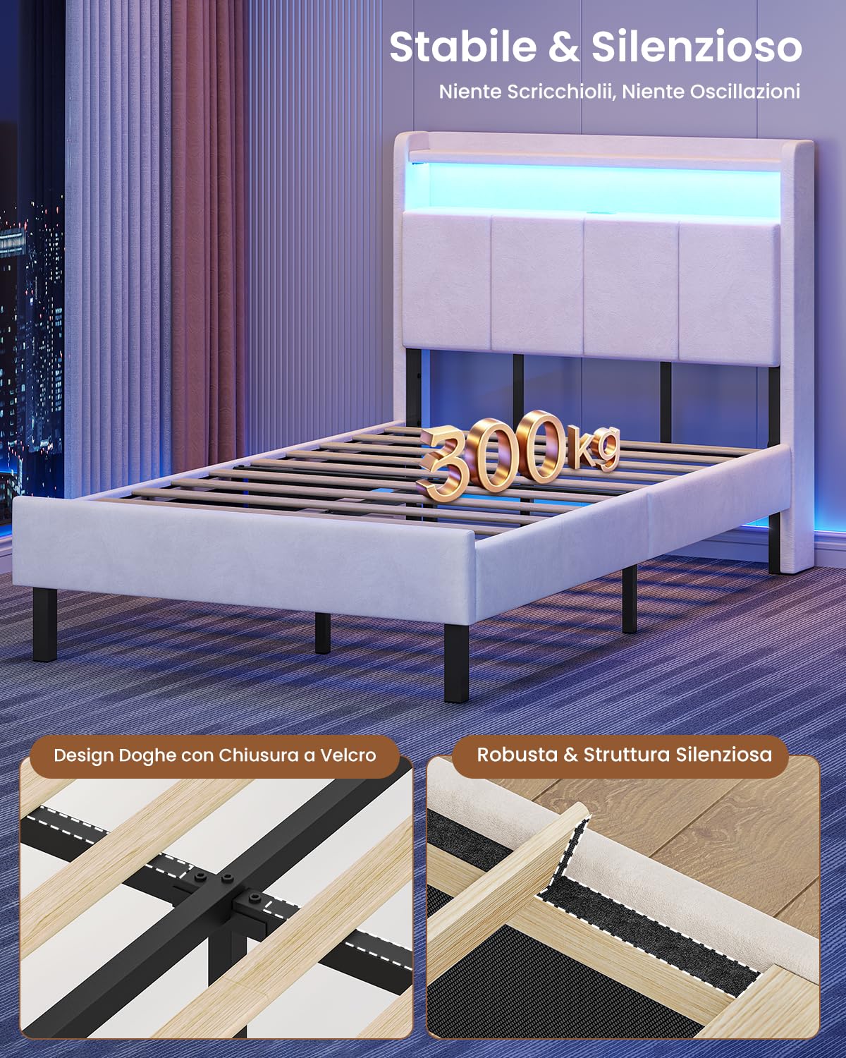 AOGLLATI Letto Singolo con Contenitore 90x190, Letto Singolo Imbottito con Ampio Spazio di Stivaggio, Struttura Letto Contenitore con Luci LED Regolabili e Stazione di Ricarica, Velluto Beige
