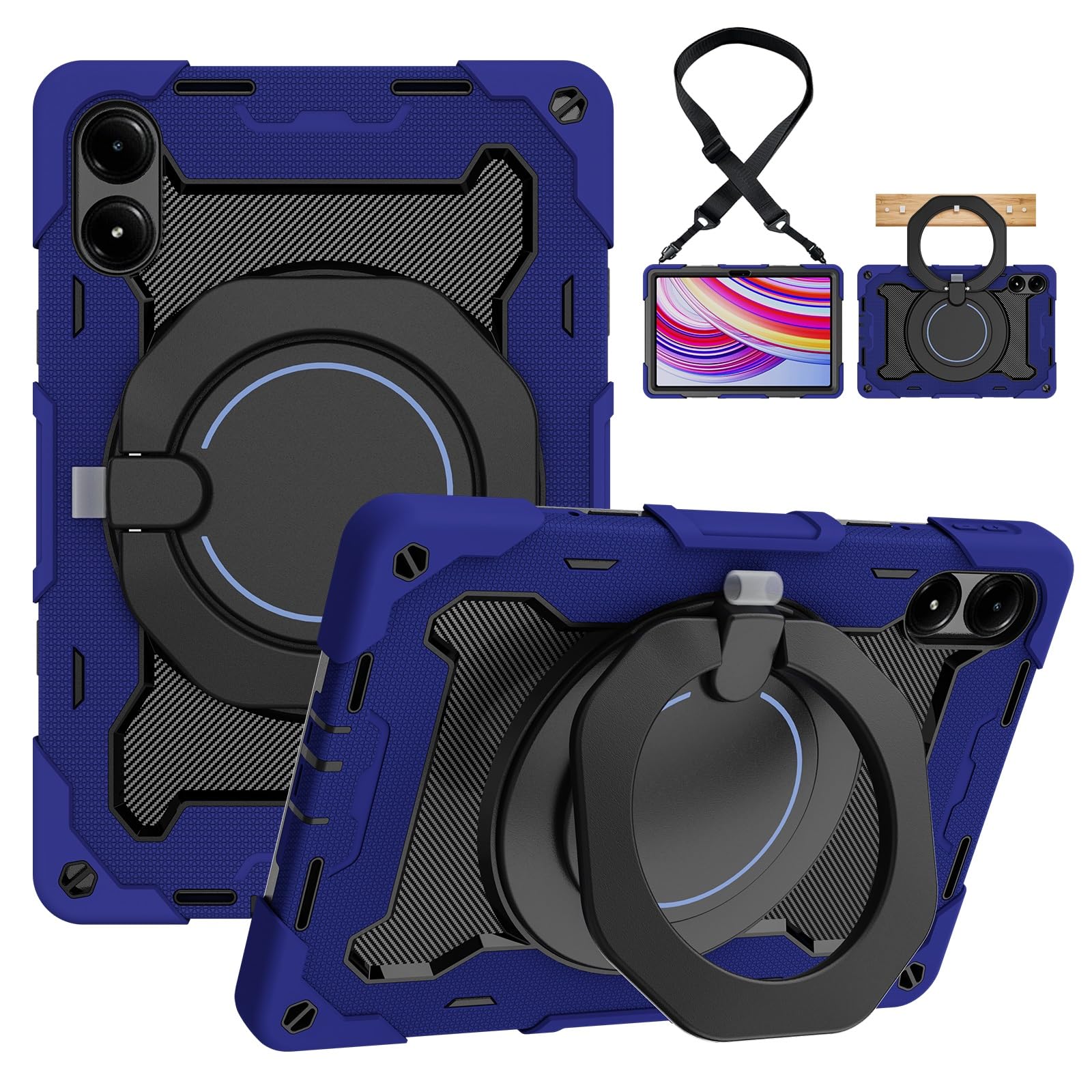 Pełne etui ochronne, wytrzymałe etui ochronne do Xiaomi Redmi Pad Pro 30.7 cm, obracany o 360°, pasek na ramię, uchwyt na ołówki i pierścień na uchwyt, odporne na wstrząsy, dla dzieci i dorosłych