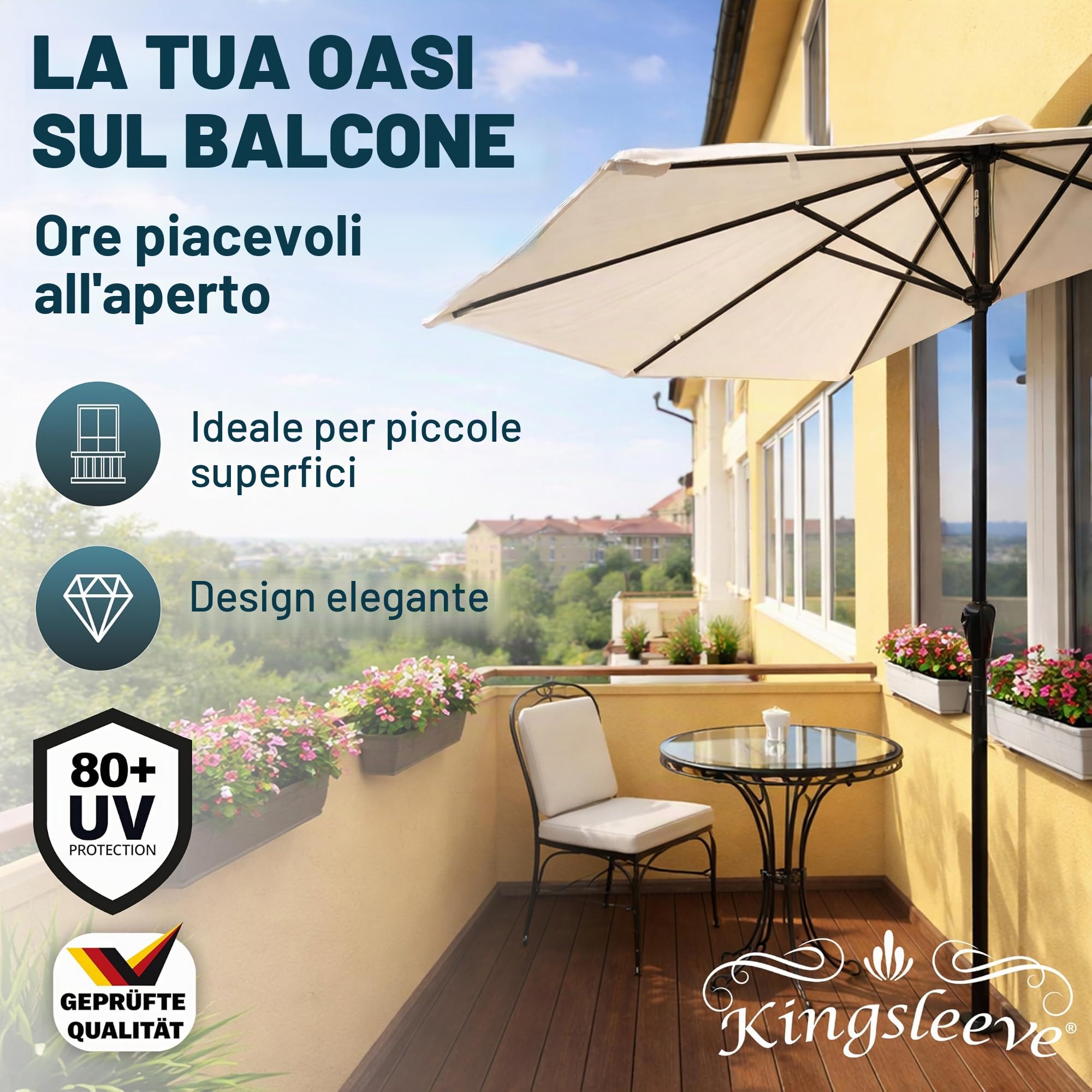 Kingsleeve Ombrellone Mezzaluna a Parete Muro Ø2,7m x 2,3m H manovella UV40+ Idrorepellente Giardino Balcone terrazza Crema