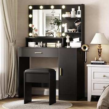 Garvee Vanity Desk with Mirror and Light, Makeup Dressing Table with Large Drawers and 3-Level Storage Dresser, 3 Lighting Modes Adjustable Brightness, Modern Vanity Set for Bedroom, Black