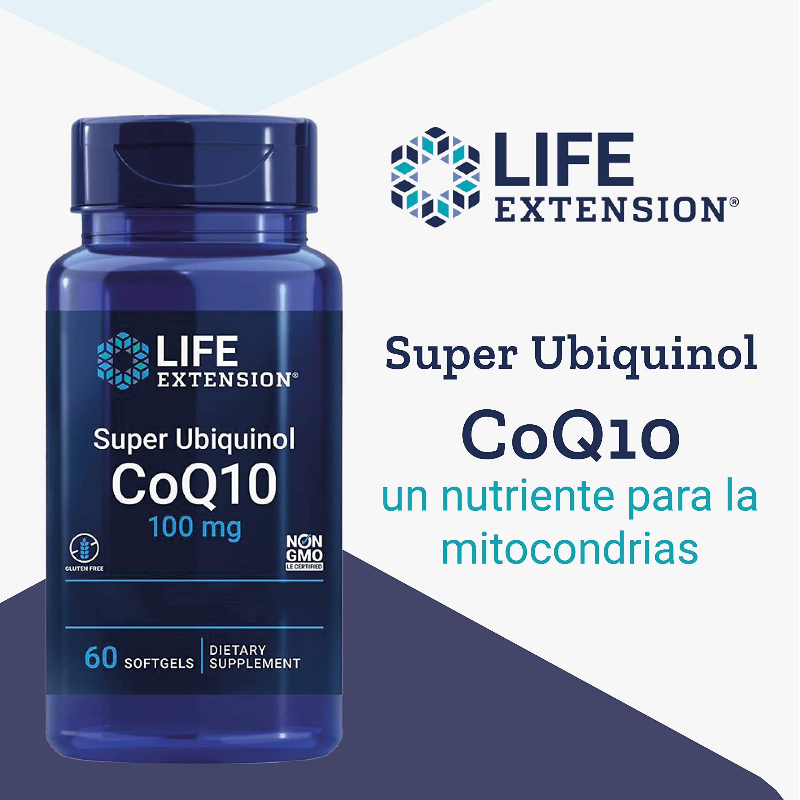 Life Extension, Super Ubiquinol, 100mg, Kaneka-Q10, 60 Cápsulas blandas, Probadas en Laboratorio, Sin Gluten, Sin Soja, No GMO