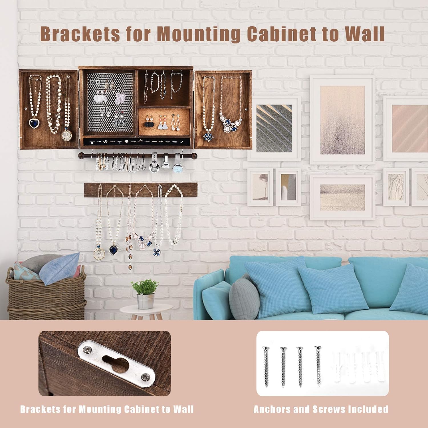 CHARMAID Rustic Jewelry Organizer Cabinet Wall Mounted with Barn Door Decor, Vintage Wooden Hanging Jewelry Holder Box for Earrings, Necklaces, Bracelets and Rings with Additional Hook Organizer