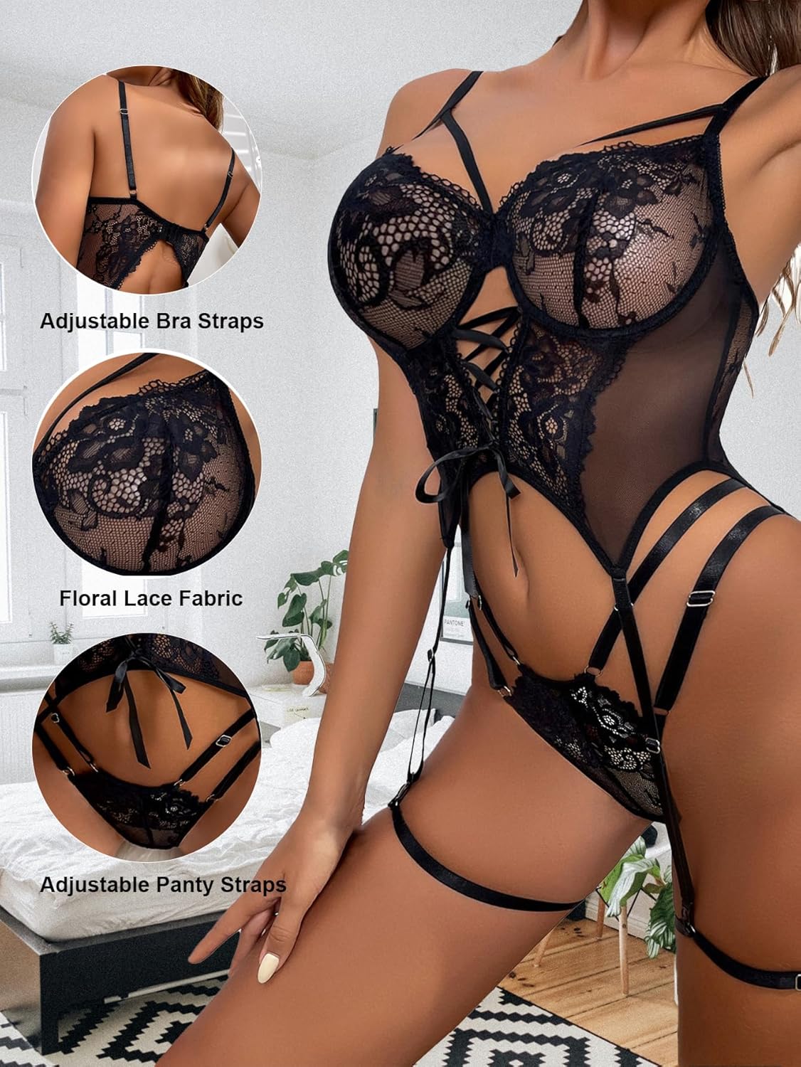 Sexy Lingerie for Women Lace Corset Panty and Garter Choker Floral Lace Underwire Push Up Garter Belt - Image 2