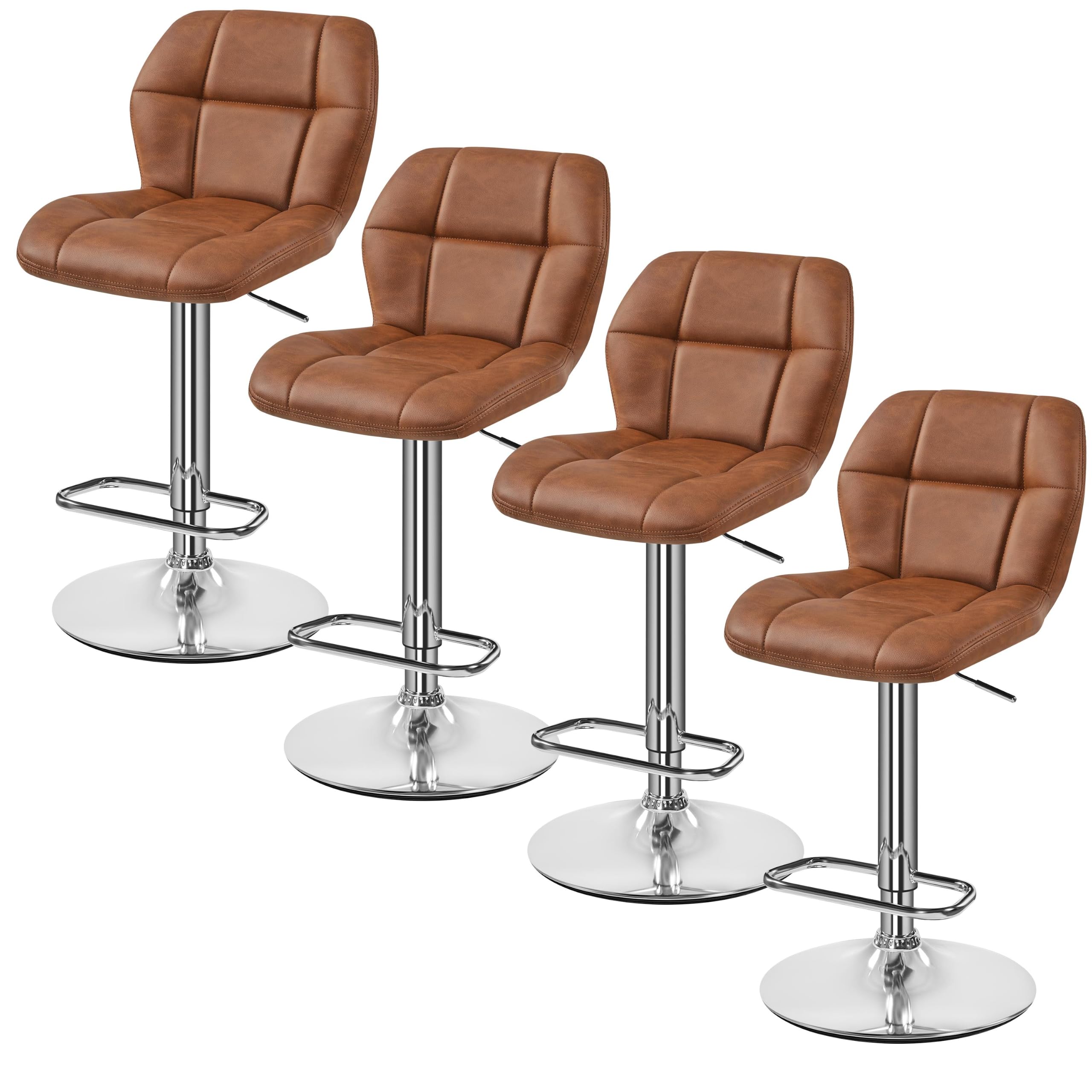 Yaheetech Bar Stools, PU Leather Breakfast Bar Chairs, Swivel Height Adjustable Barstools, Counter Stools with Backrest for Home Kitchen, Restaurant, Retro Brown, 4PCS
