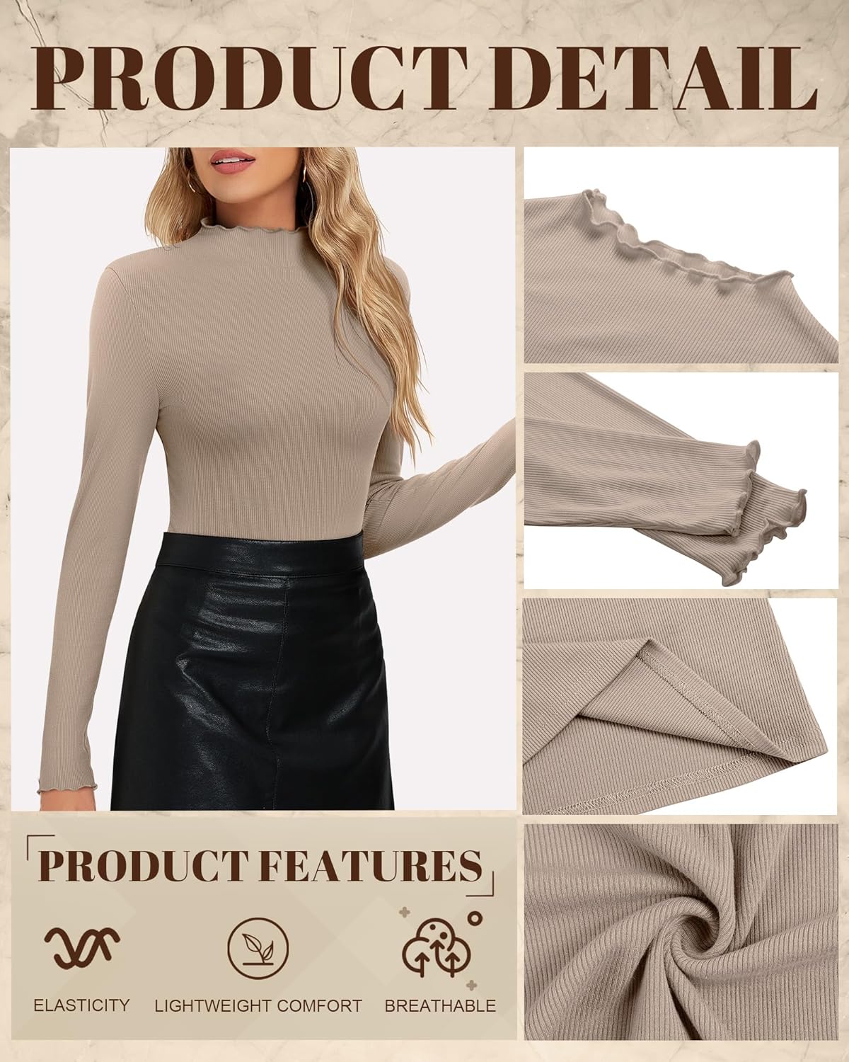 Neer 4 Pack Women's Mock Turtleneck Tops Cotton Long Sleeve Ribbed Lettuce Trim Shirts Slim Fit Casual Fall Basic Tees - Image 6