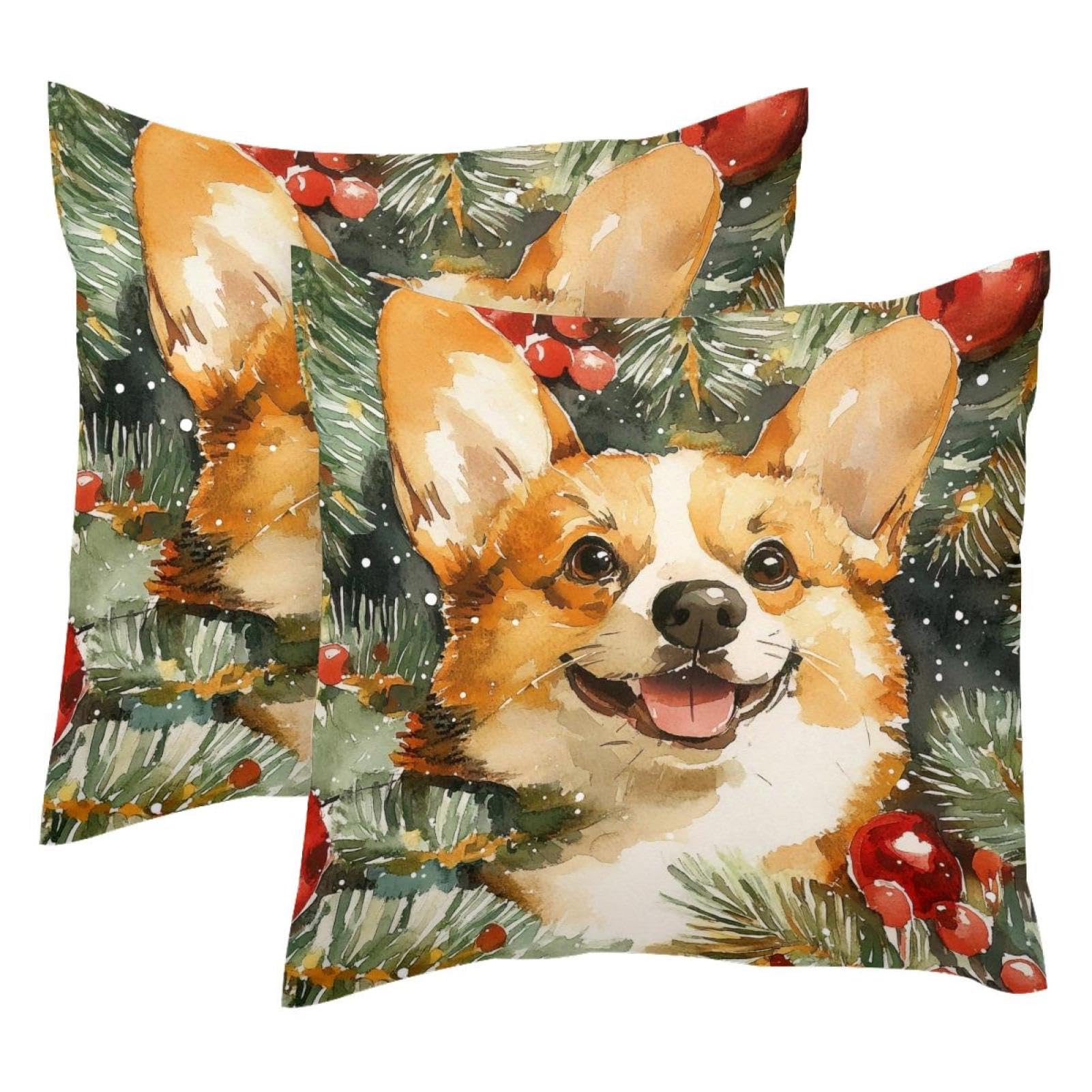 Housse de coussin corgi Noël velours 50x50 cm, lot de 2 décorations pour canapé