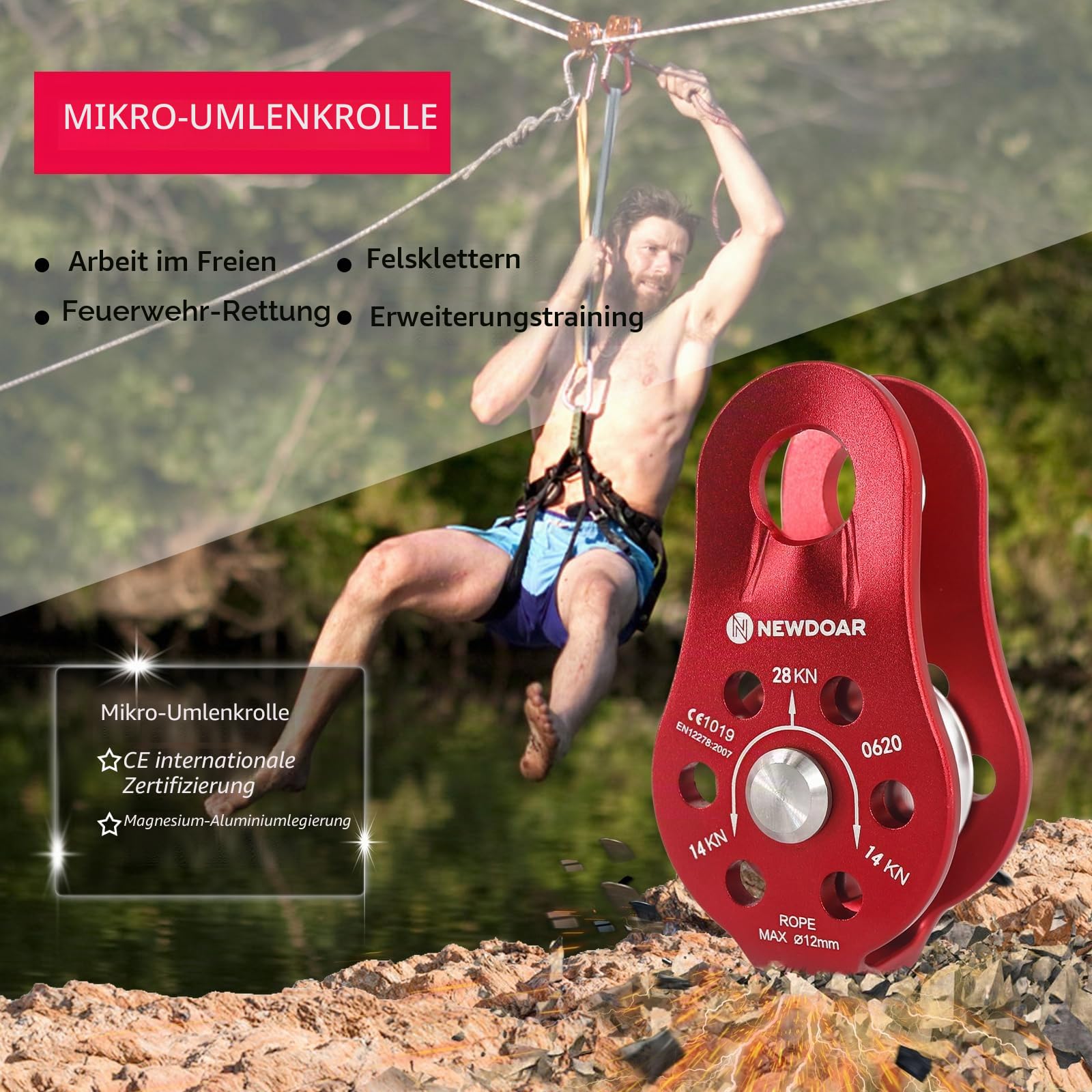 NewDoar CE-Zertifizierter 28KN Mikro Seilrolle Umlenkrolle für Seile mit max. Durchmesser bis 12 mm zum Klettern, Rettungsheben und zur Anhängerkupplung Riemenscheiben
