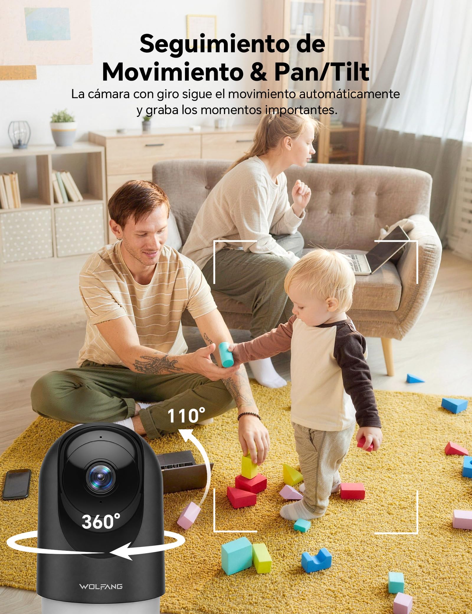 WOLFANG Cámara Vigilancia Interior 2K, Cámara Vigilancia Domicilio WiFi 360° PTZ con Seguimiento, Vision Nocturna y Audio Bidireccional, Cámara Vigilancia Perros, Compatible Alexa, Pack de 2