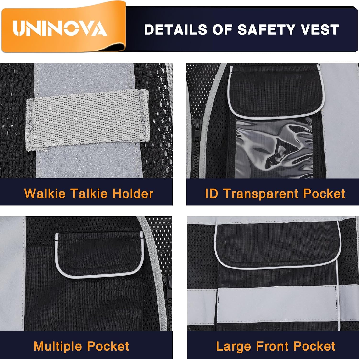 High Visibility Safety Vest - Multi Pockets Reflective Mesh Breathable Workwear, ANSI/ISEA Standards (Large, Black Mesh)