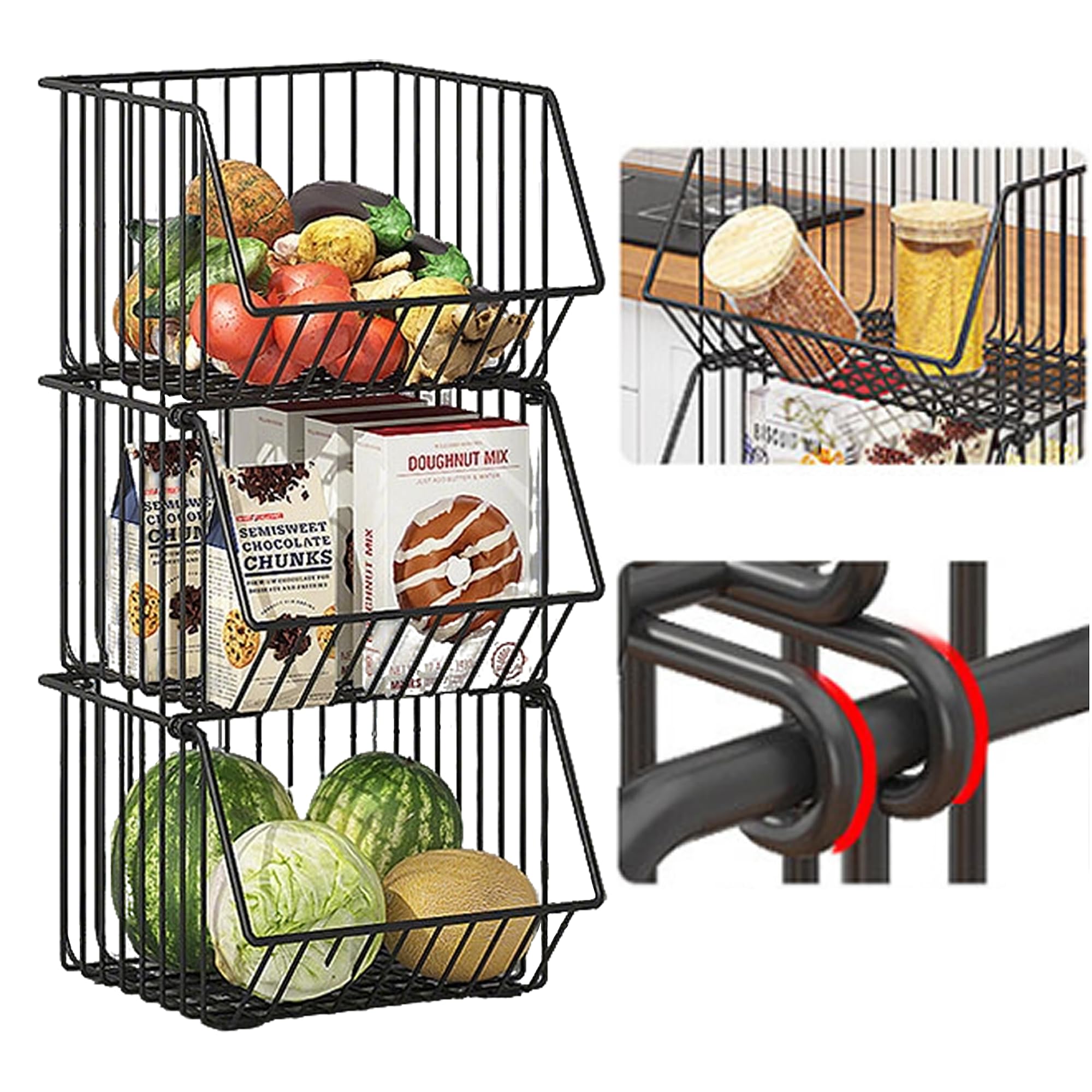 Multifunktionale Lochfreie Küche Gemüse Drei-Etagen-Aufbewahrungshalter, Stapelbar und Wand Montiert, Obst, Brot, Gemüse Rack Wand & stapelbare Lagerkörbe für Gemüse, Snacks